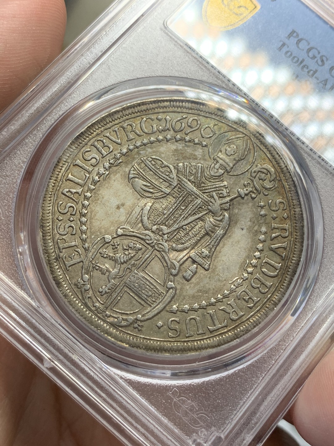 《竞宝斋》第71场-本周日，周一2场连拍（全场不限金额包邮） PCGS AU 奥地利1696/4年萨尔茨堡圣母抱婴骑字老泰勒银币 原味包浆 稀少骑字版本 好品好状态