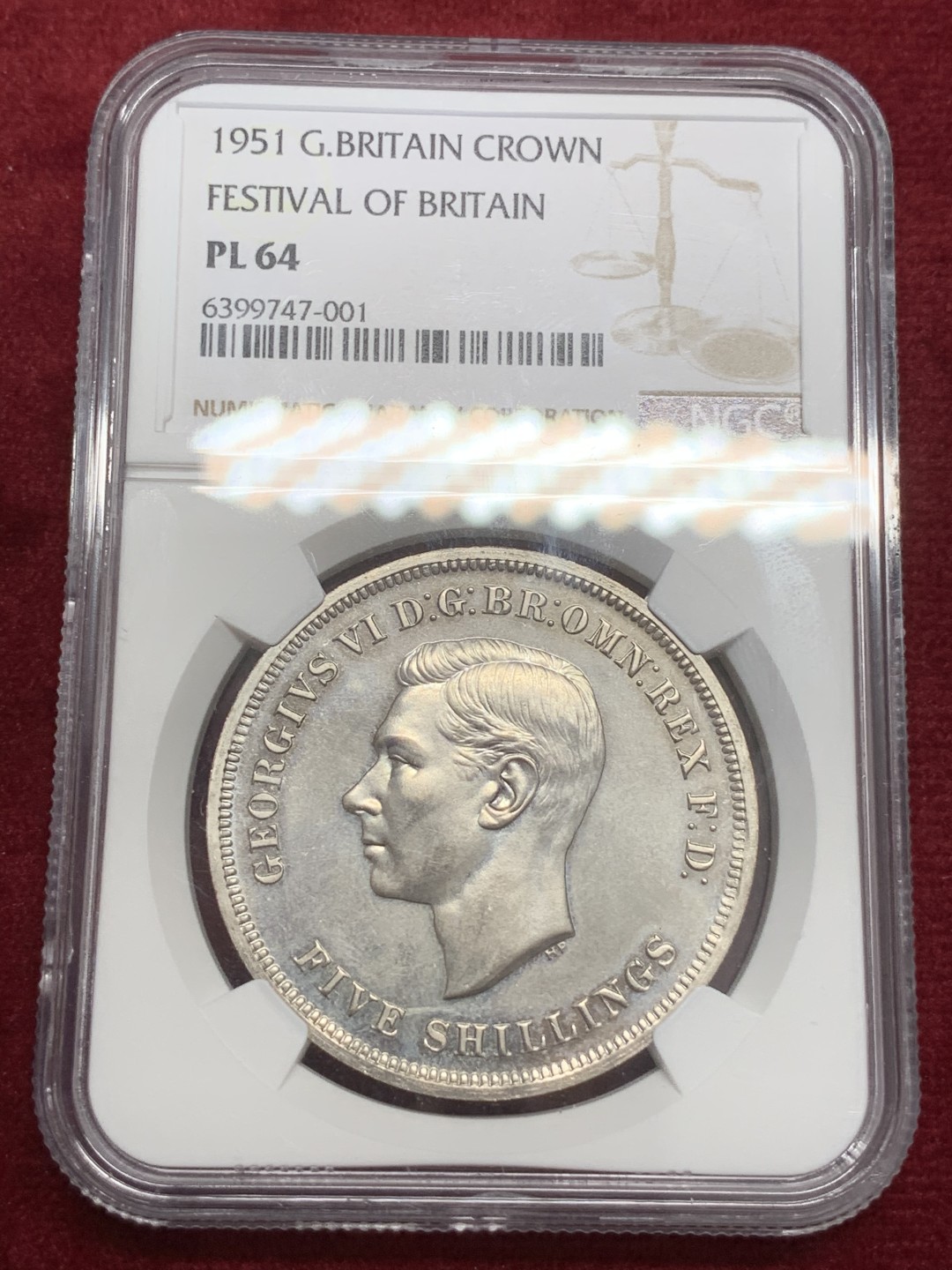 《竞宝斋》第71场-本周日，周一2场连拍（全场不限金额包邮） NGC PL64 英国 1951年 乔治六世 1克朗 镍马剑 PL不错 裸币也涨了很多