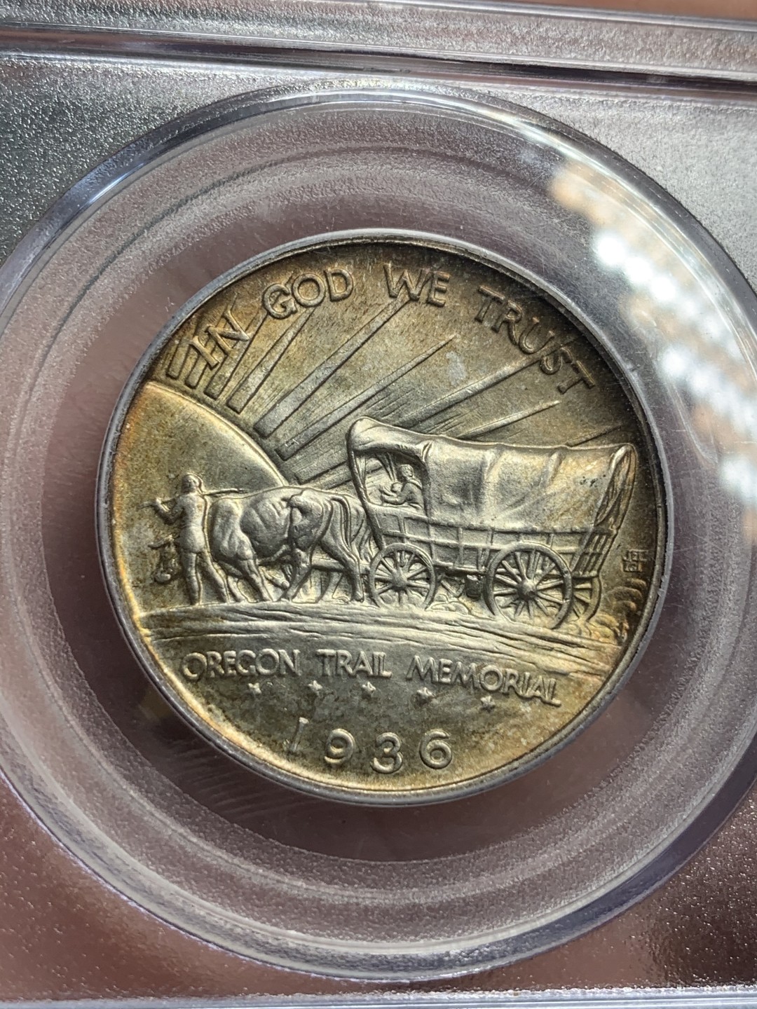 《竞宝斋》第71场-本周日，周一2场连拍（全场不限金额包邮） PCGS-MS66 美国 1936年 50美分 俄勒冈小道 银币 高分 经典设计 包浆舒服