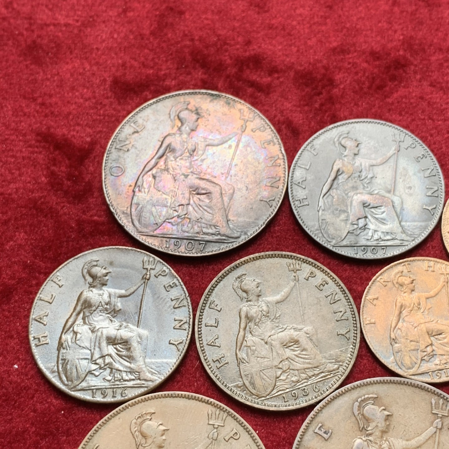 《竞宝斋》第71场-本周日，周一2场连拍（全场不限金额包邮） 原味好品 英国爱德华七世&乔治五世铜板9枚 1法新/半便士/1便士3套 细节不错