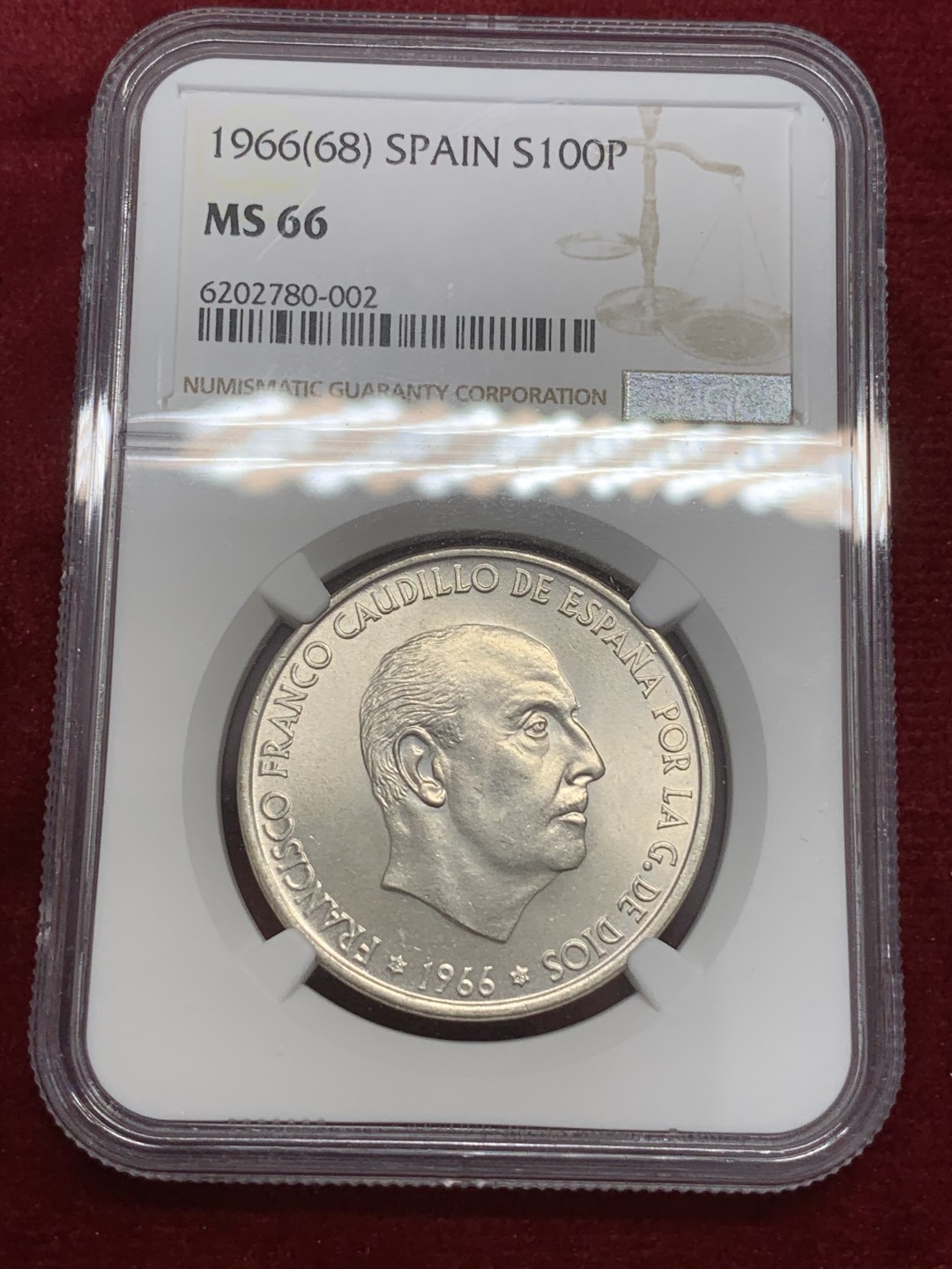 《竞宝斋》第71场-本周日，周一2场连拍（全场不限金额包邮） NGC MS66 西班牙1966(68) 独裁者 弗朗戈 高分大银币