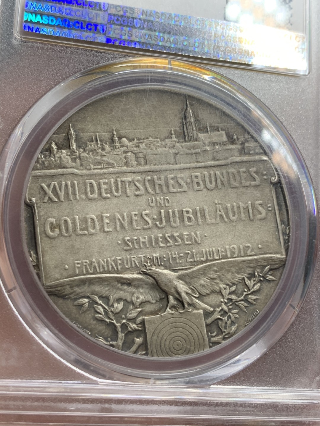 《竞宝斋》第71场-本周日，周一2场连拍（全场不限金额包邮） PCGS SP63 德国1912年法兰克福第17届德意志联邦射击节城市景观银章 原味包浆 好品好状态