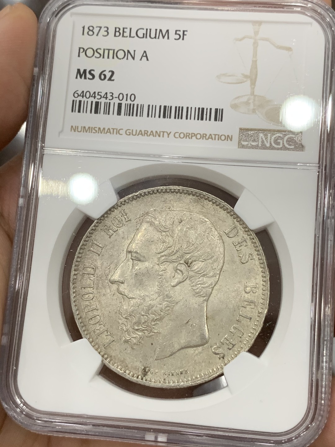 《竞宝斋》第71场-本周日，周一2场连拍（全场不限金额包邮） NGC-MS62 比利时 1873年 利奥波德二世 5法郎 原光好品大银币 一流的状态