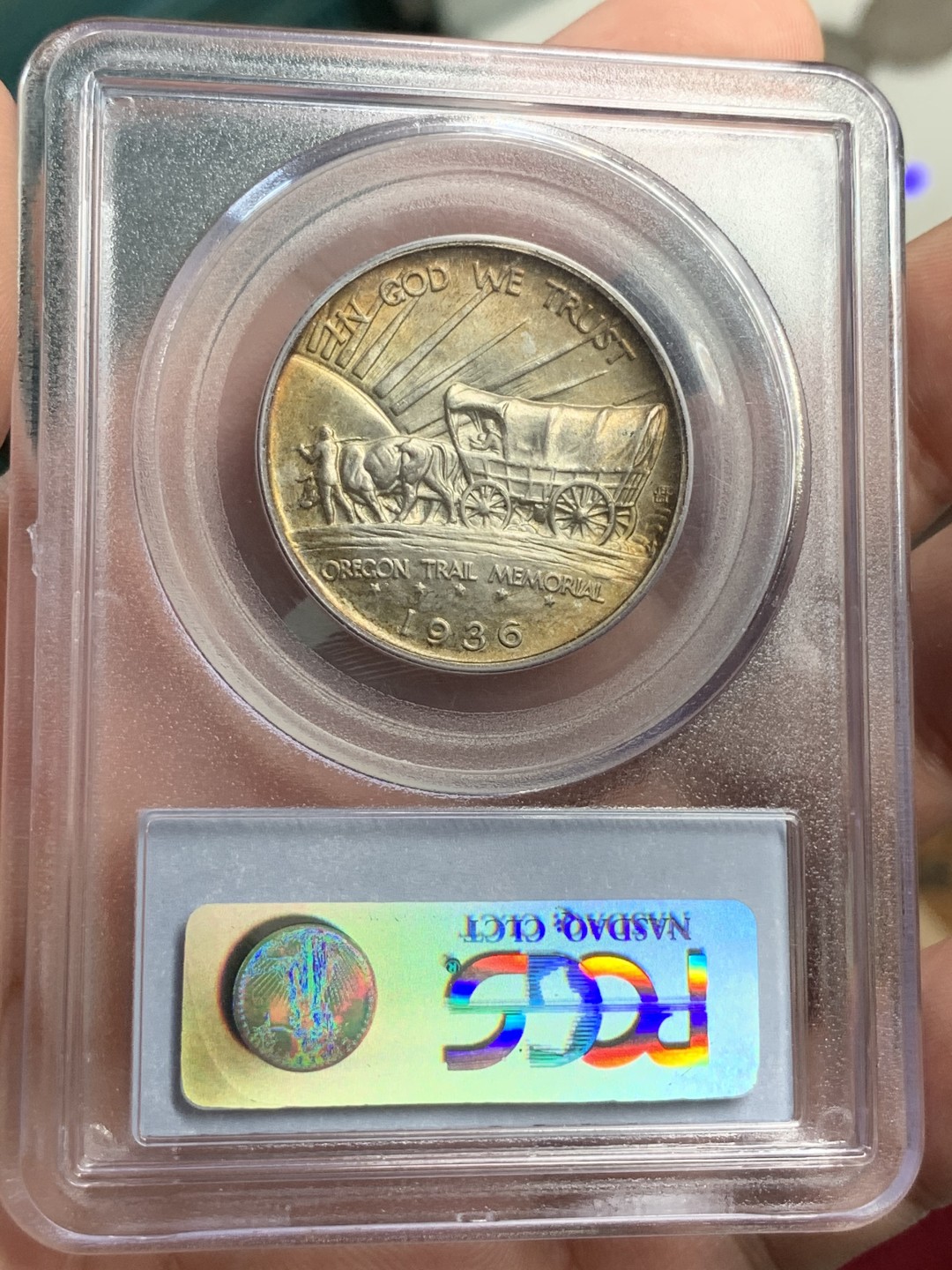 《竞宝斋》第71场-本周日，周一2场连拍（全场不限金额包邮） PCGS-MS66 美国 1936年 50美分 俄勒冈小道 银币 高分 经典设计 包浆舒服