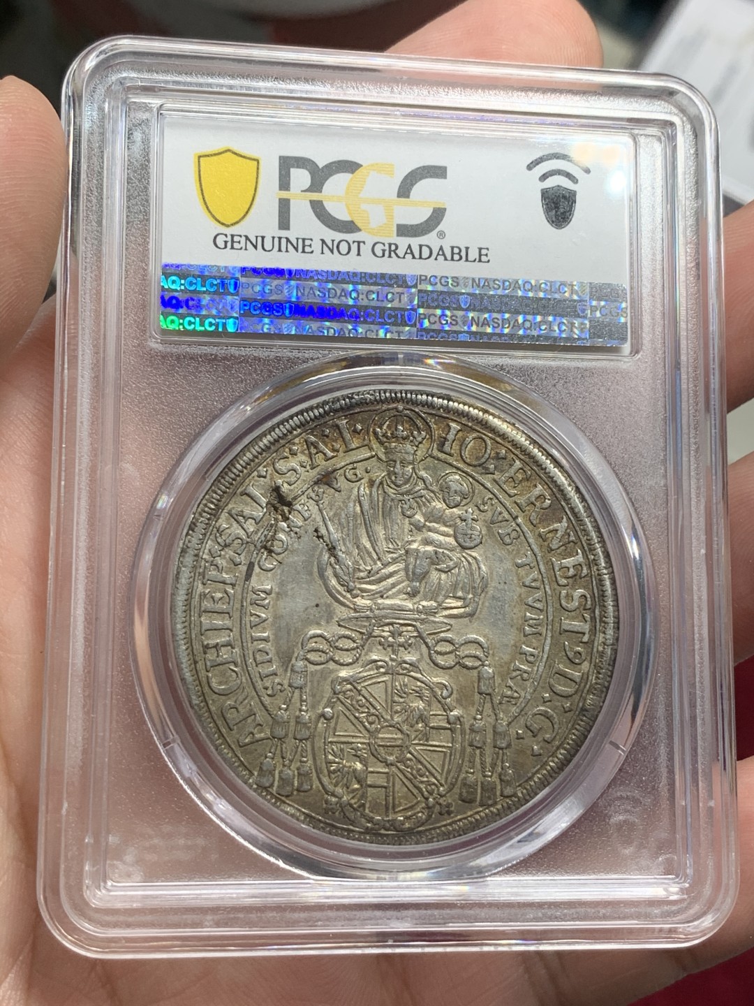 《竞宝斋》第71场-本周日，周一2场连拍（全场不限金额包邮） PCGS AU 奥地利1696/4年萨尔茨堡圣母抱婴骑字老泰勒银币 原味包浆 稀少骑字版本 好品好状态