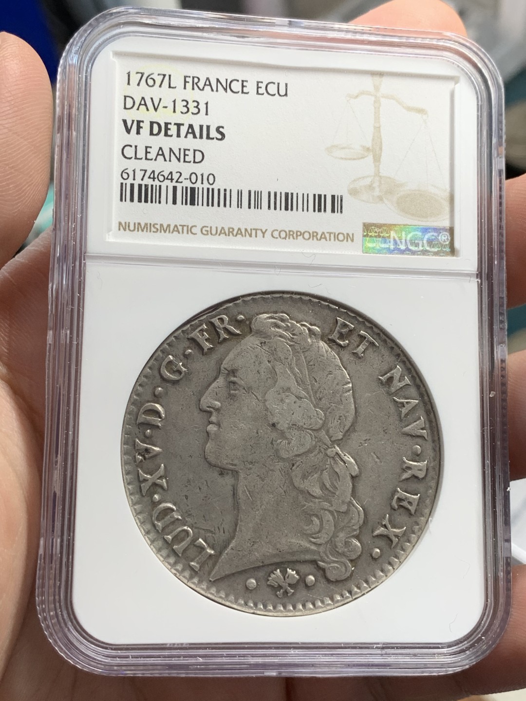 《竞宝斋》第71场-本周日，周一2场连拍（全场不限金额包邮） NGC-VF 法国 1767-L年 路易十五 5ECU大银币 这样的状态不给分想不通