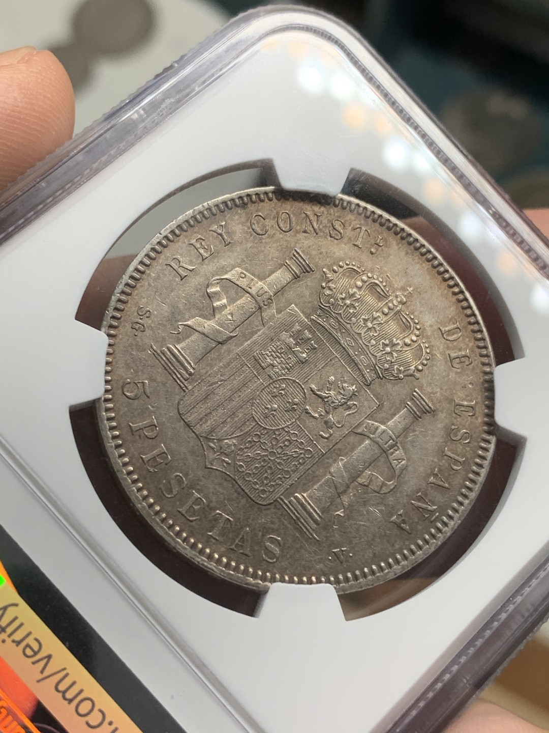 《竞宝斋》第71场-本周日，周一2场连拍（全场不限金额包邮） NGC-AU53 西班牙 1898年 5比萨塔 阿方索十三世 包浆诱人