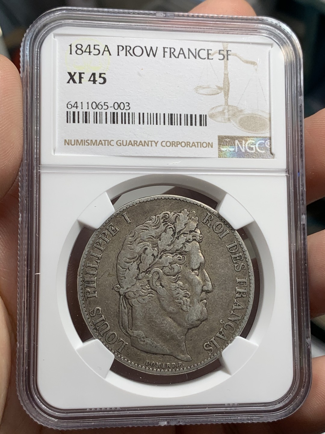 《竞宝斋》第71场-本周日，周一2场连拍（全场不限金额包邮） NGC XF45  法国 1845年菲利普一世五法郎银币 老包浆好品