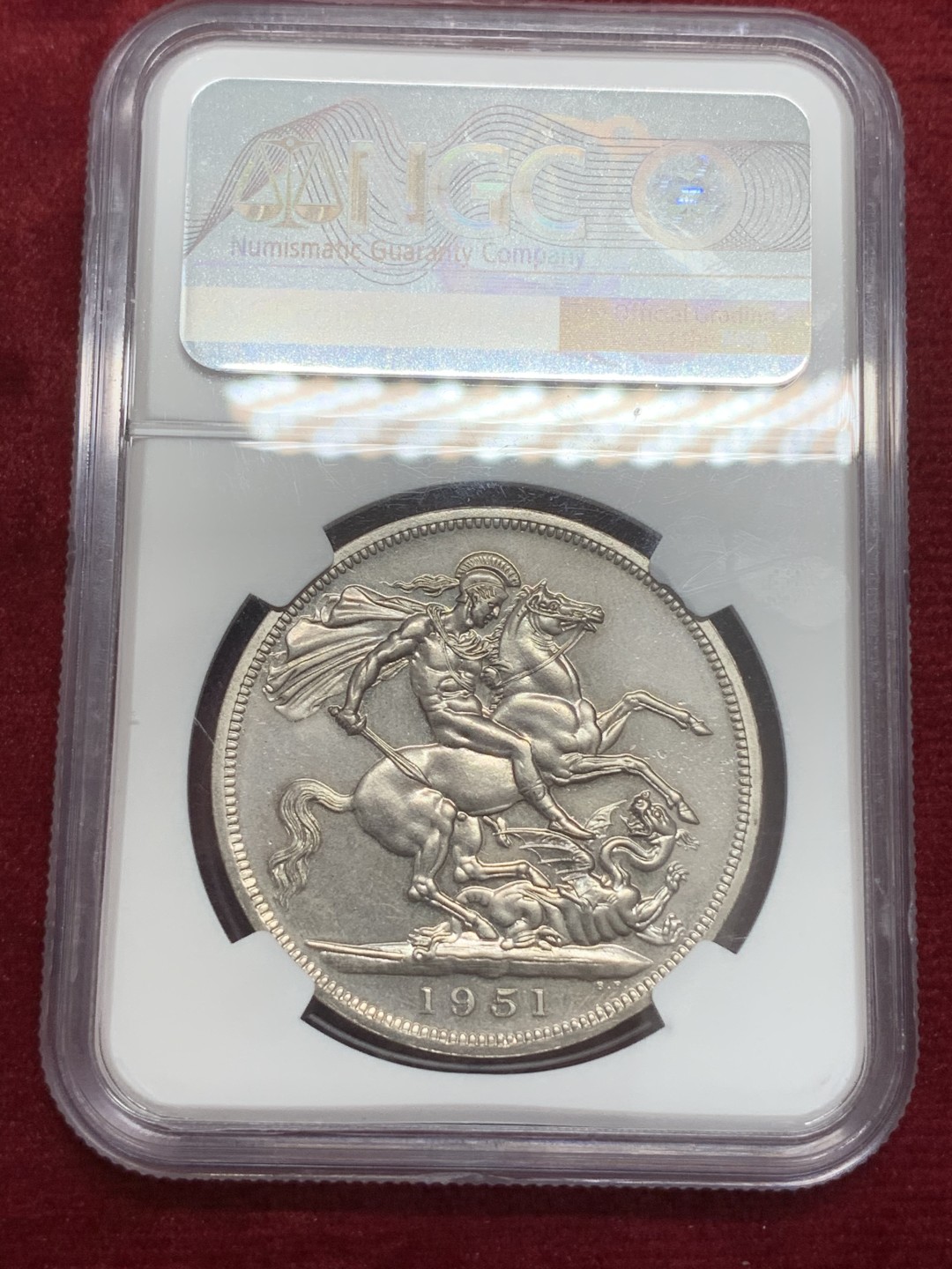 《竞宝斋》第71场-本周日，周一2场连拍（全场不限金额包邮） NGC PL64 英国 1951年 乔治六世 1克朗 镍马剑 PL不错 裸币也涨了很多