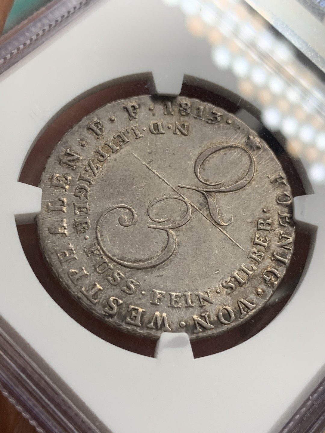 《竞宝斋》第71场-本周日，周一2场连拍（全场不限金额包邮） NGC-AU50  德国1813年 威斯特法伦 2/3泰勒银币 热罗姆·波拿巴 拿破仑最小的弟弟  少见品种，双面淡金色包浆