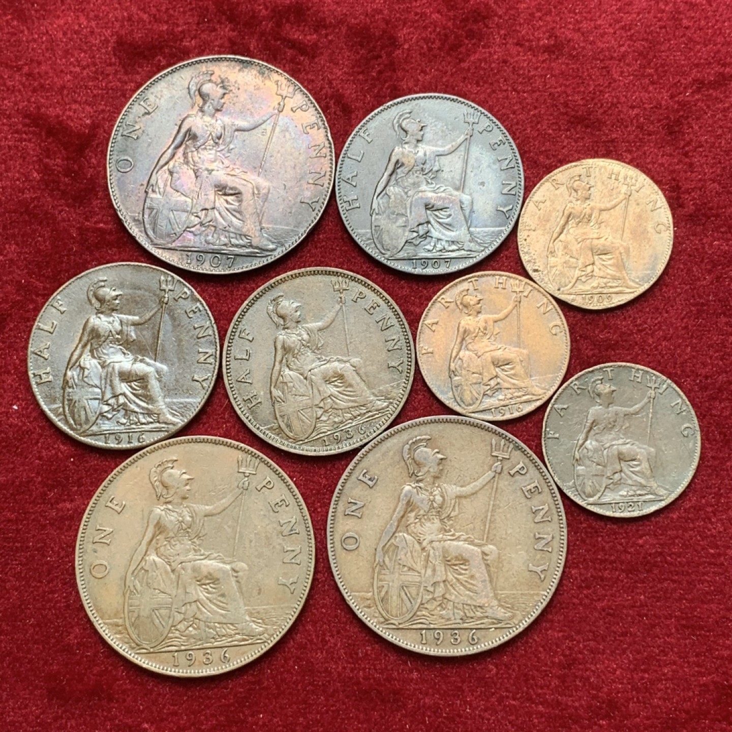 《竞宝斋》第71场-本周日，周一2场连拍（全场不限金额包邮） 原味好品 英国爱德华七世&乔治五世铜板9枚 1法新/半便士/1便士3套 细节不错