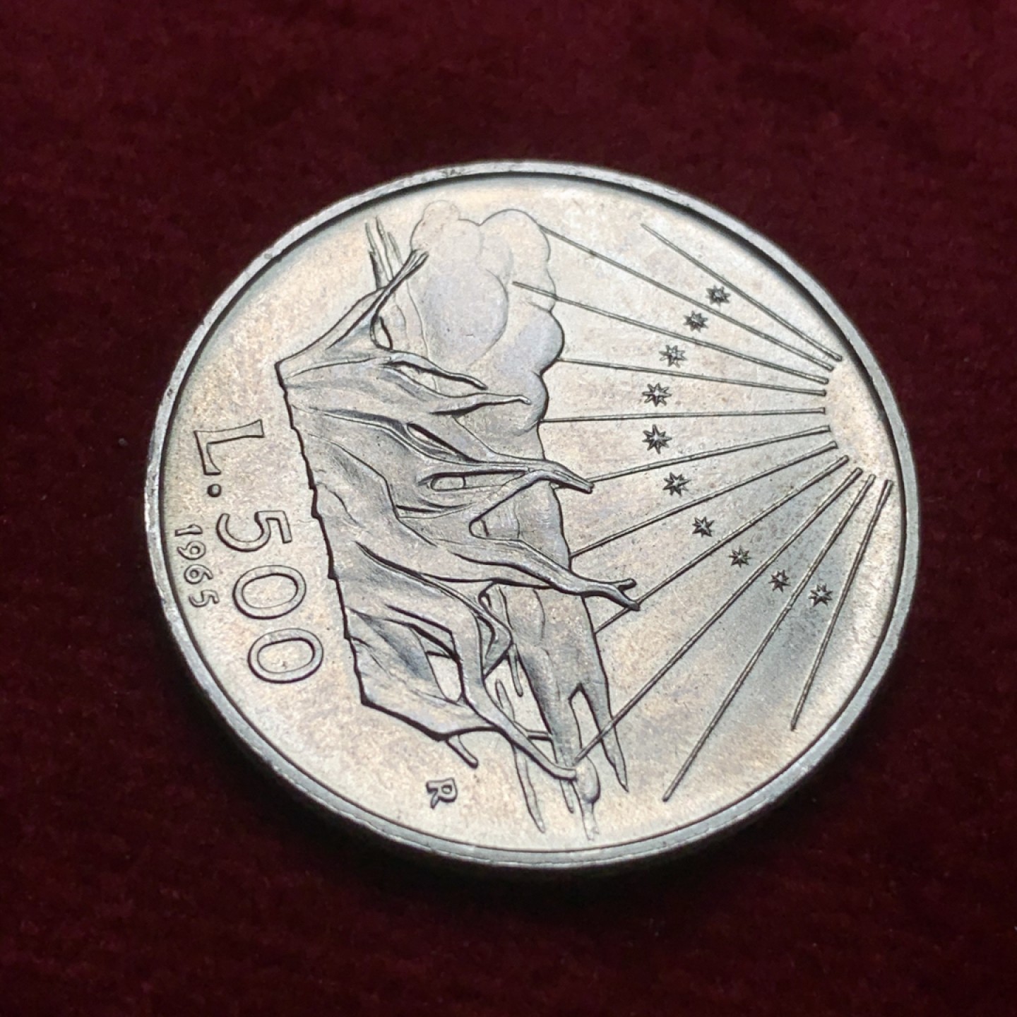 《竞宝斋》第71场-本周日，周一2场连拍（全场不限金额包邮） 意大利1965年但丁诞辰纪念500里拉银币 BU顶级品相