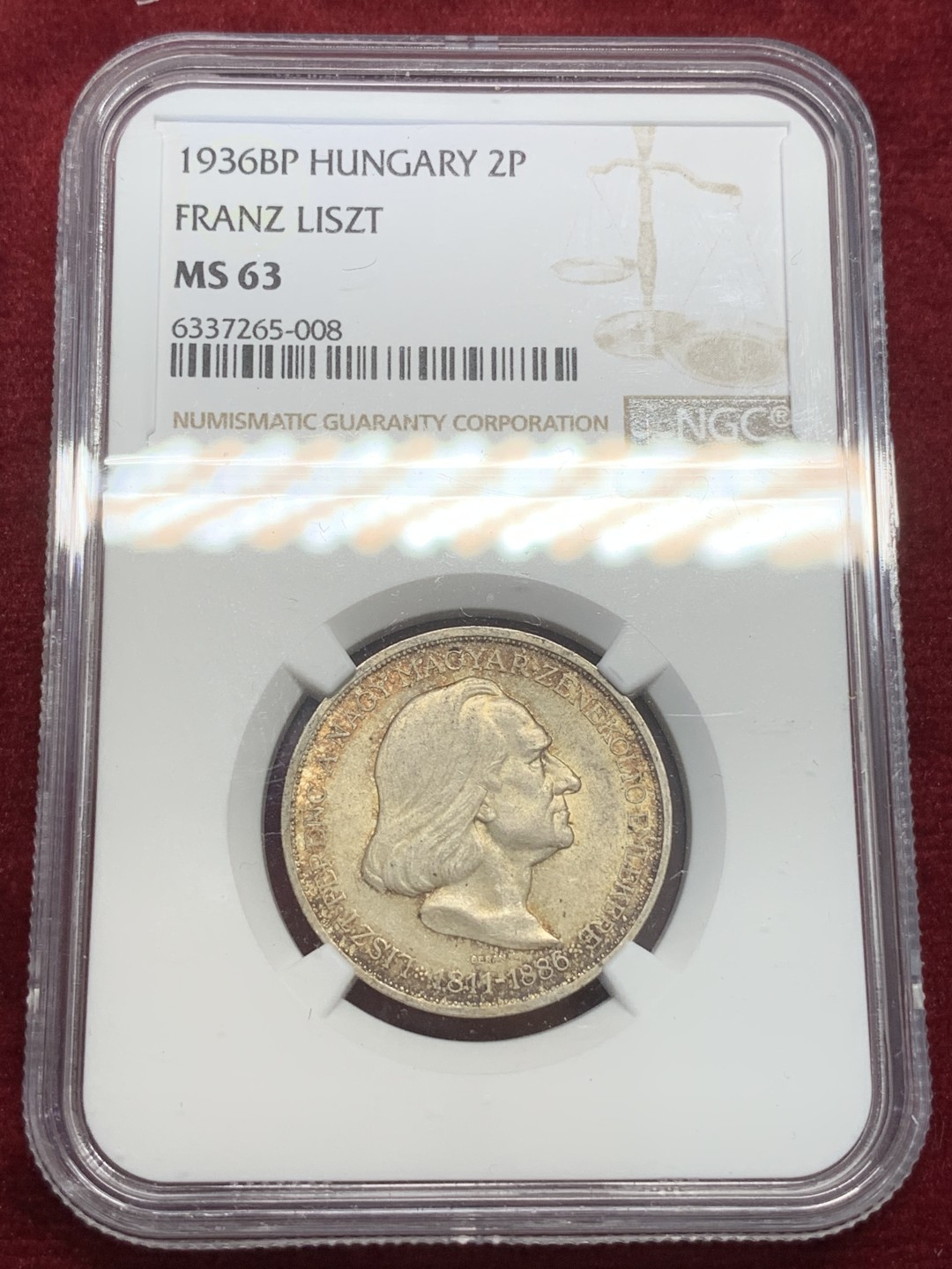 《竞宝斋》第71场-本周日，周一2场连拍（全场不限金额包邮） NGC-MS63 匈牙利 1936年 李斯特·费伦茨纪念 2潘果 五彩带光银币 稀少