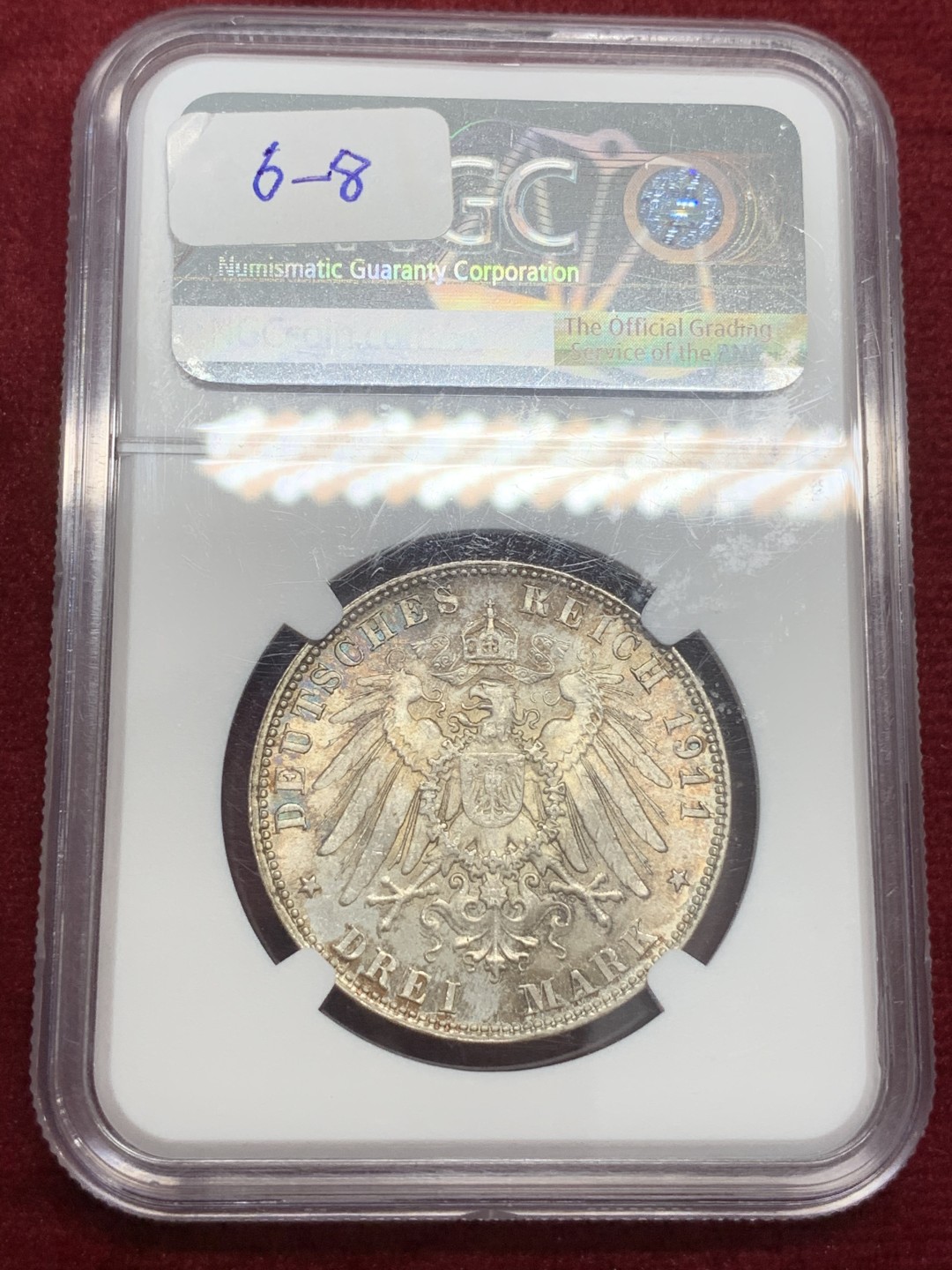 《竞宝斋》第71场-本周日，周一2场连拍（全场不限金额包邮） NGC MS64+ 德国巴伐利亚 1911年 90大寿 3马克银币 双面五彩包浆 漂亮