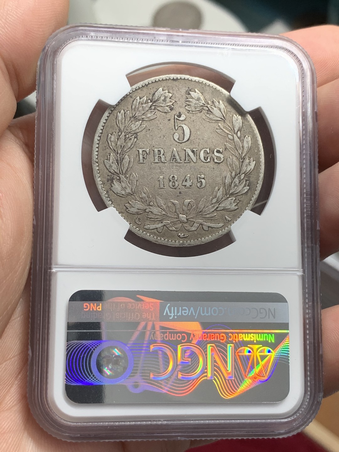 《竞宝斋》第71场-本周日，周一2场连拍（全场不限金额包邮） NGC XF45  法国 1845年菲利普一世五法郎银币 老包浆好品