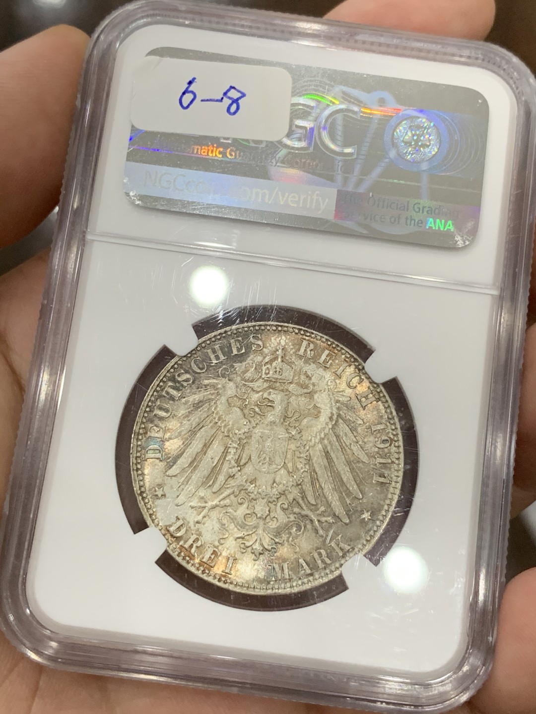 《竞宝斋》第71场-本周日，周一2场连拍（全场不限金额包邮） NGC MS64+ 德国巴伐利亚 1911年 90大寿 3马克银币 双面五彩包浆 漂亮