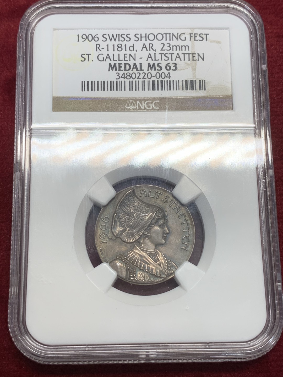 《竞宝斋》第71场-本周日，周一2场连拍（全场不限金额包邮） NGC MS63 瑞士1906年圣加伦射击节银章 以小见大 精细工艺 灰黑包浆 法西斯权杖和小熊盾徽 高浮雕工艺 值得收藏