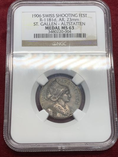 《竞宝斋》第71场-本周日，周一2场连拍（全场不限金额包邮） - NGC MS63 瑞士1906年圣加伦射击节银章 以小见大 精细工艺 灰黑包浆 法西斯权杖和小熊盾徽 高浮雕工艺 值得收藏