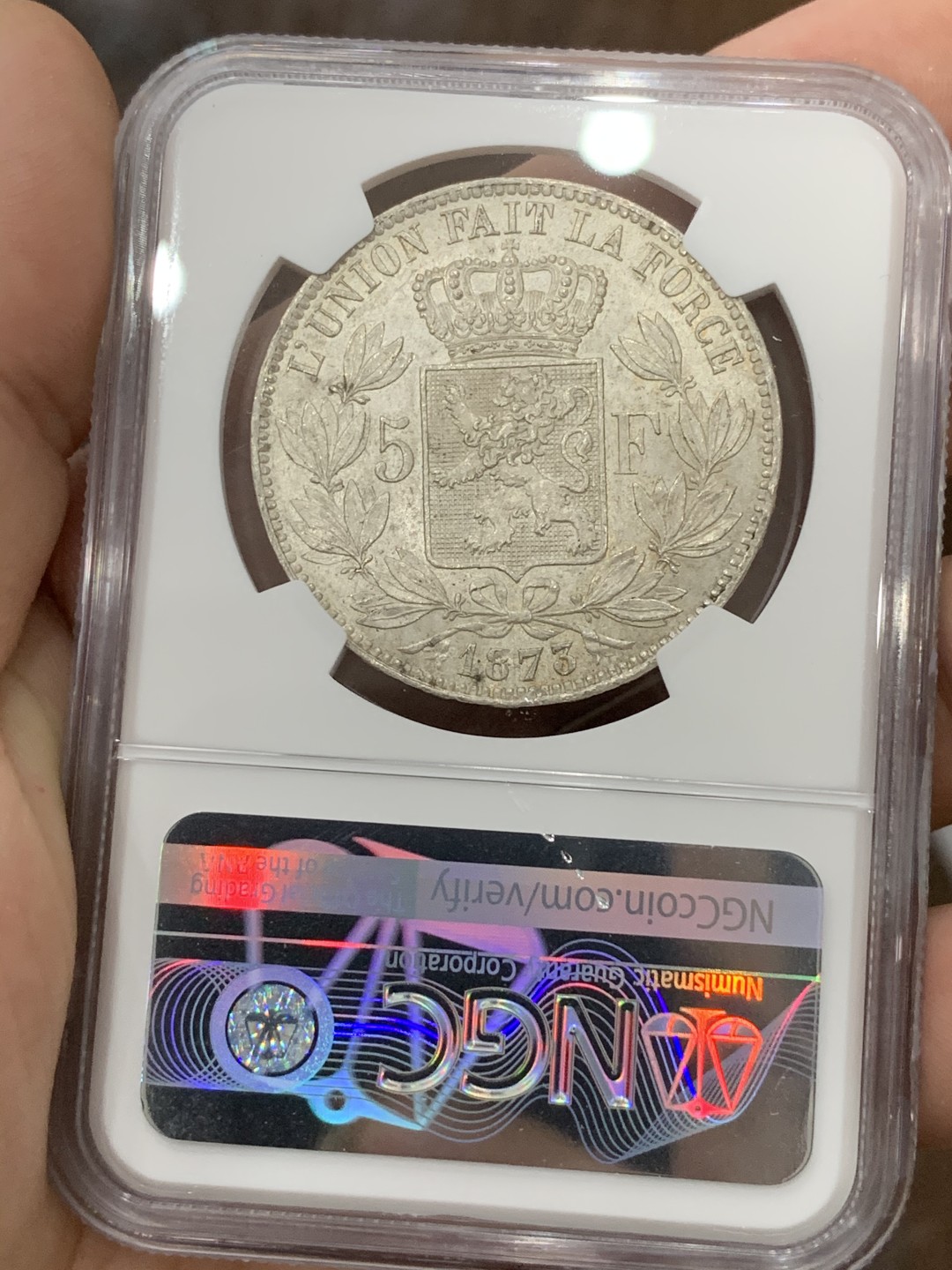 《竞宝斋》第71场-本周日，周一2场连拍（全场不限金额包邮） NGC-MS62 比利时 1873年 利奥波德二世 5法郎 原光好品大银币 一流的状态