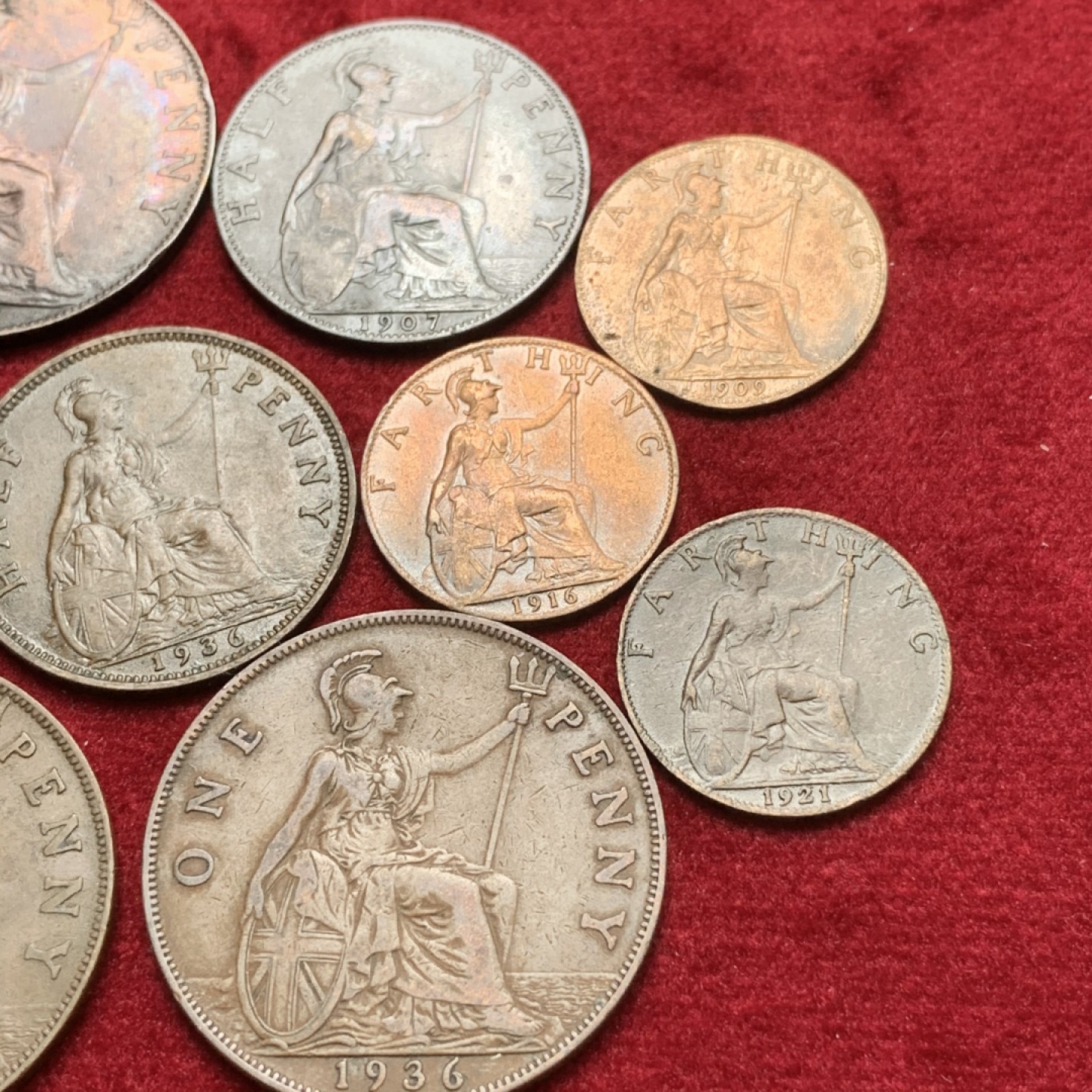 《竞宝斋》第71场-本周日，周一2场连拍（全场不限金额包邮） 原味好品 英国爱德华七世&乔治五世铜板9枚 1法新/半便士/1便士3套 细节不错