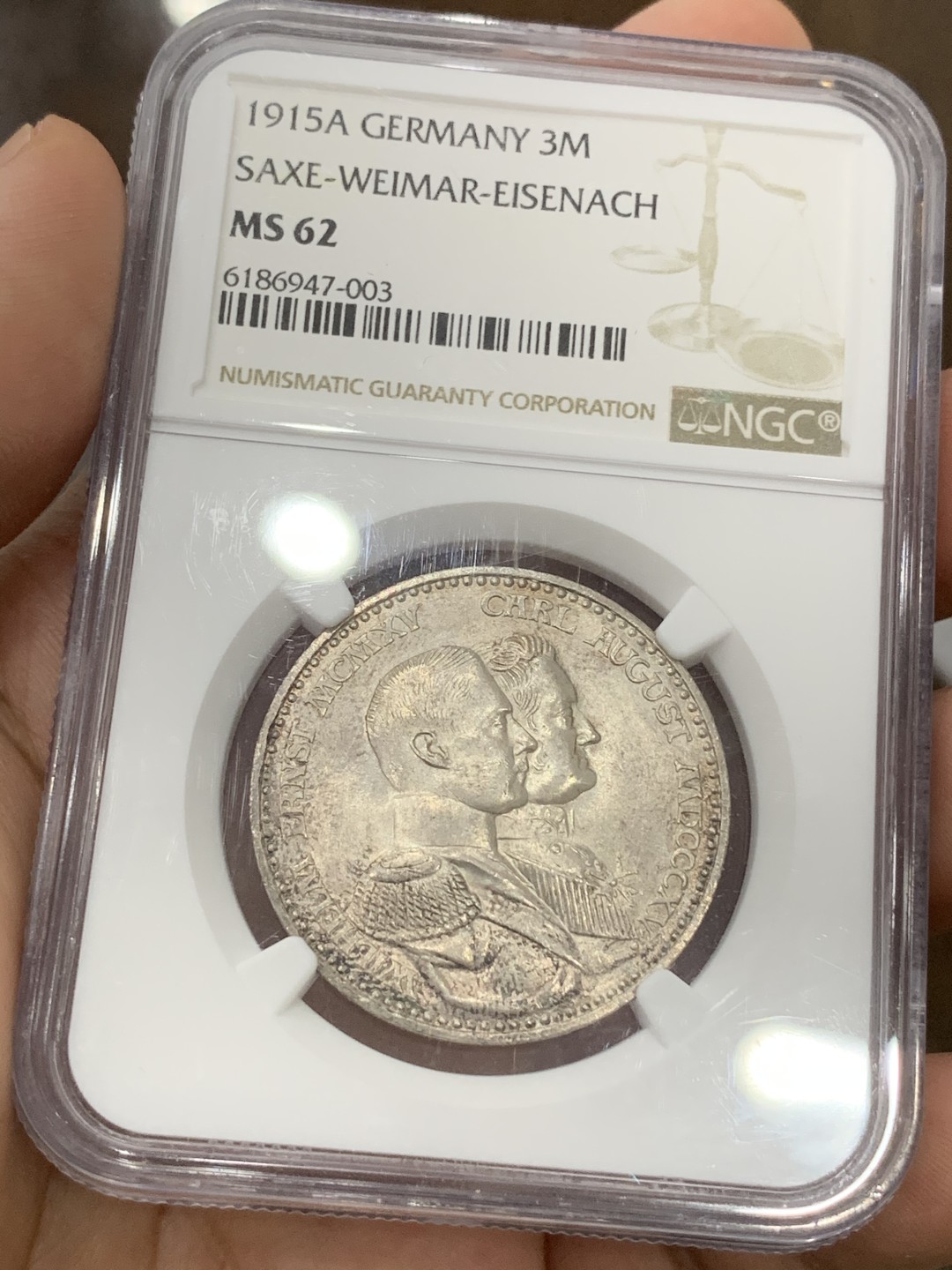 《竞宝斋》第71场-本周日，周一2场连拍（全场不限金额包邮） NGC MS62 德国 1915年 萨克森-魏玛爱森纳赫 3马克银币少见品种 淡彩包浆