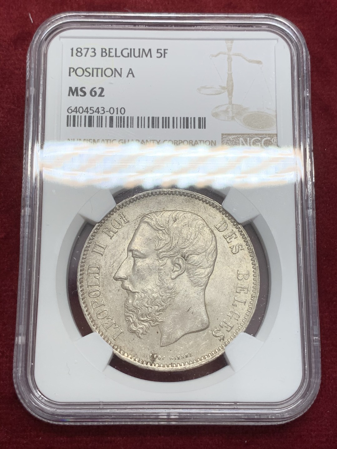 《竞宝斋》第71场-本周日，周一2场连拍（全场不限金额包邮） NGC-MS62 比利时 1873年 利奥波德二世 5法郎 原光好品大银币 一流的状态