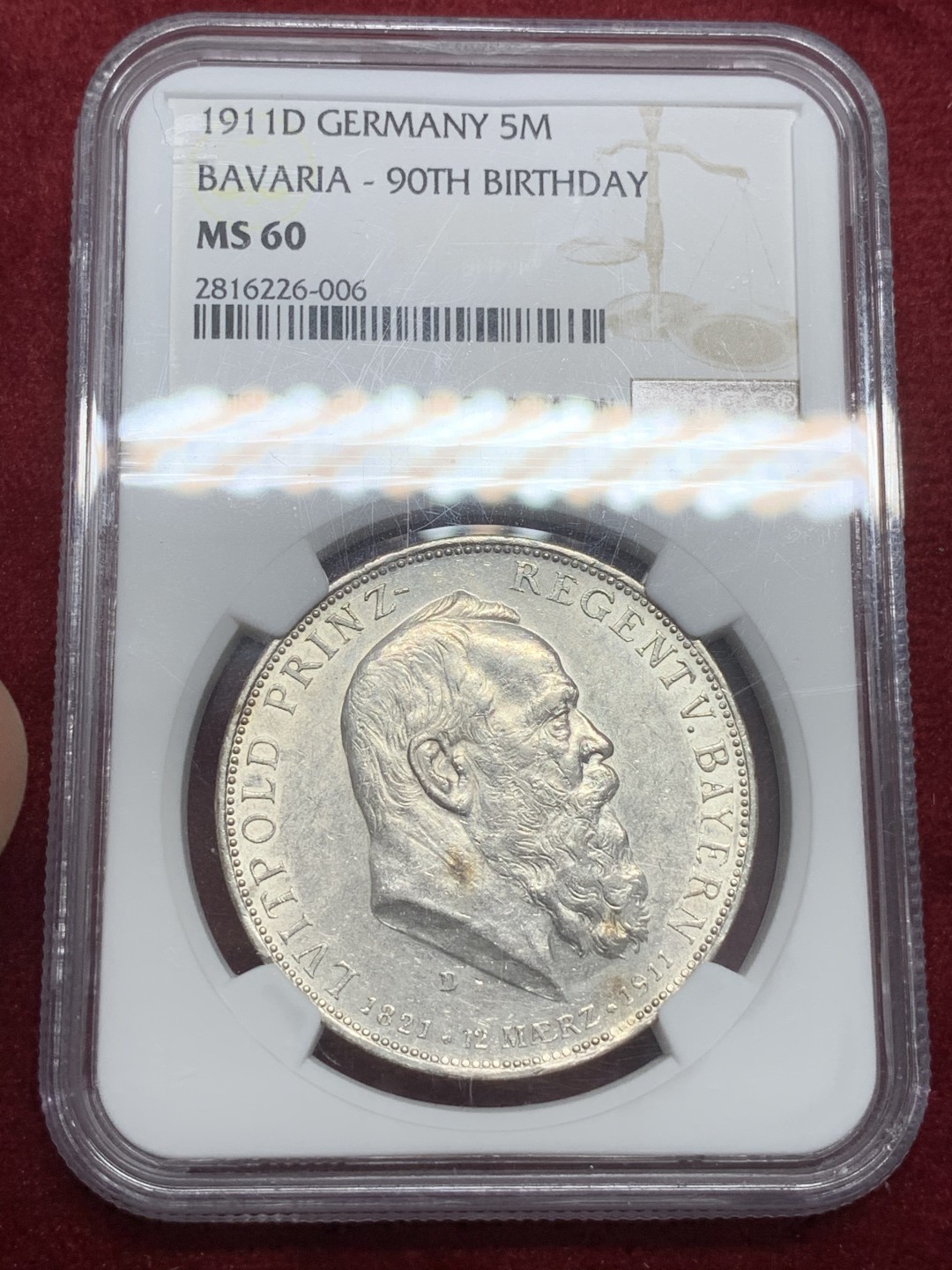 《竞宝斋》第71场-本周日，周一2场连拍（全场不限金额包邮） NGC MS60 德国 巴伐利亚 1911年 90大寿 5马克 细节好 白净