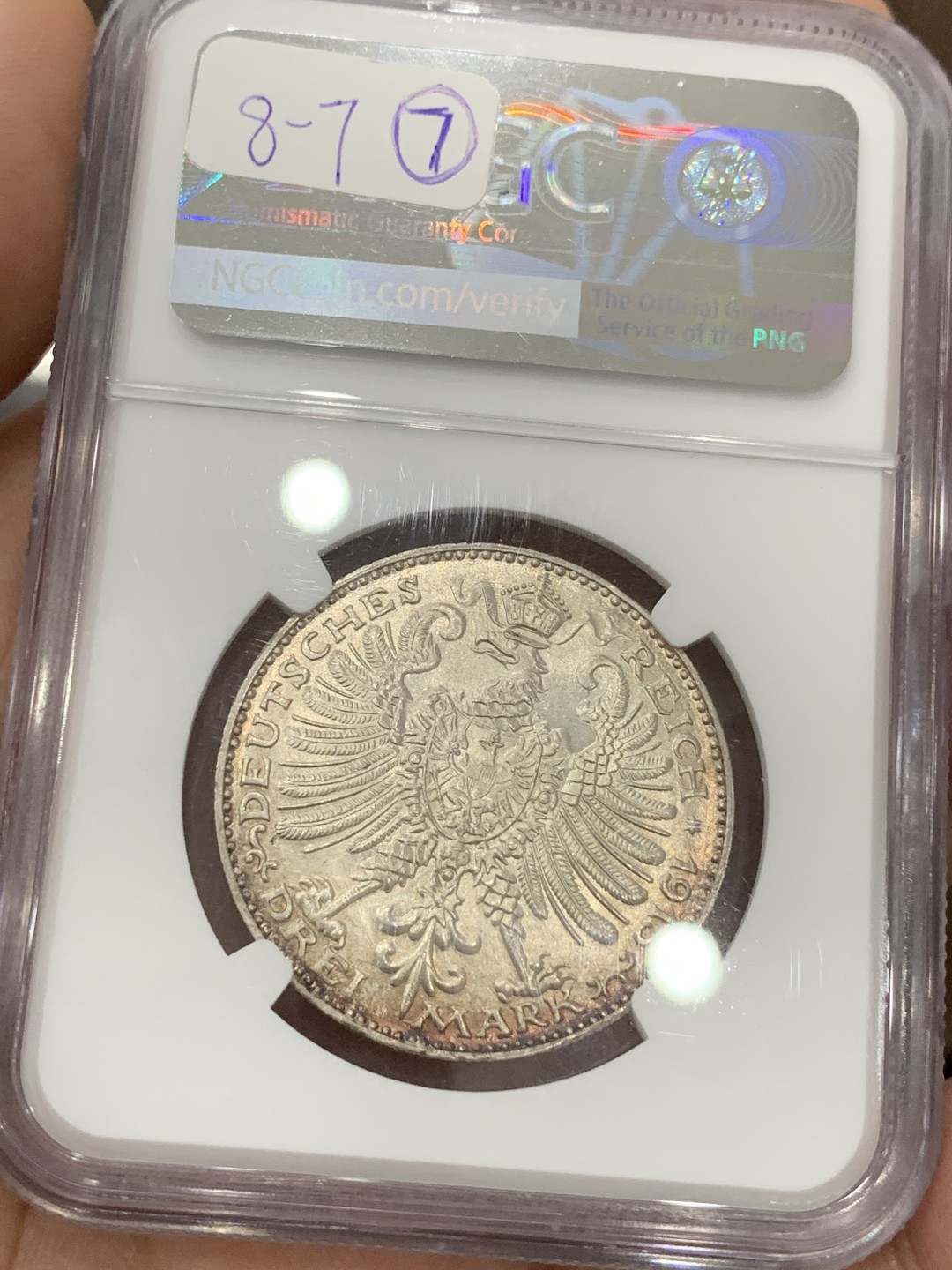 《竞宝斋》第71场-本周日，周一2场连拍（全场不限金额包邮） NGC MS62 德国 1915年 萨克森-魏玛爱森纳赫 3马克银币少见品种 淡彩包浆