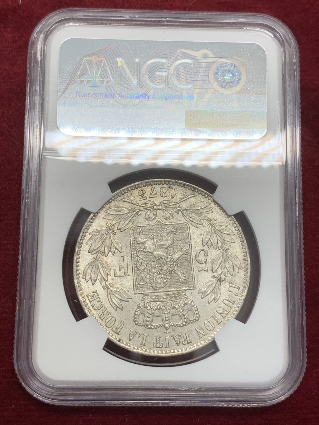 《竞宝斋》第71场-本周日，周一2场连拍（全场不限金额包邮） NGC-MS62 比利时 1873年 利奥波德二世 5法郎 原光好品大银币 一流的状态