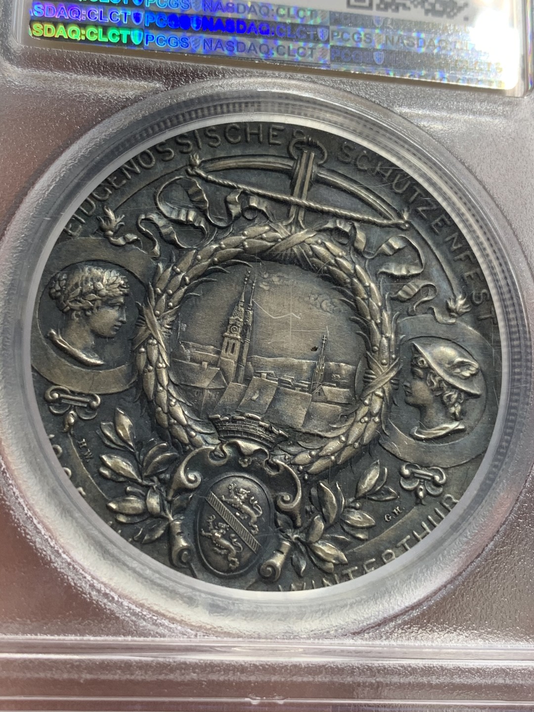 《竞宝斋》第71场-本周日，周一2场连拍（全场不限金额包邮） PCGS SP62 瑞士1895年温特图尔射击节女神大银章 包浆醇美 低评好品好状态