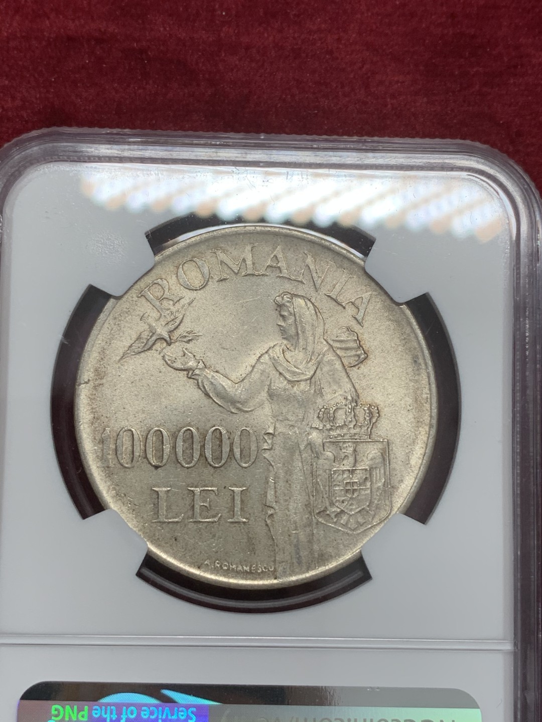 《竞宝斋》第71场-本周日，周一2场连拍（全场不限金额包邮） NGC-MS63 罗马尼亚 1946年 100000列伊 大银币 粉光好品 非常漂亮