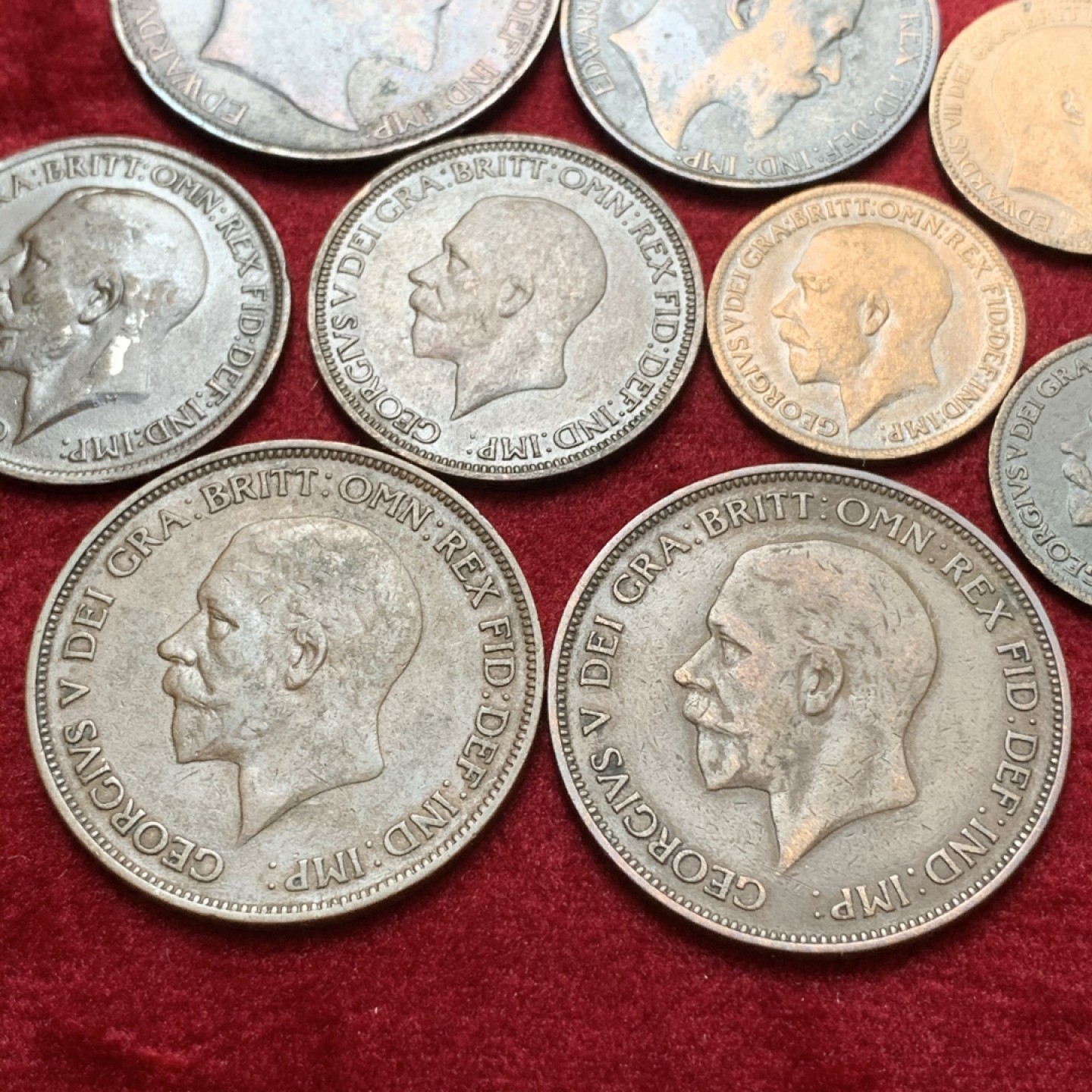 《竞宝斋》第71场-本周日，周一2场连拍（全场不限金额包邮） 原味好品 英国爱德华七世&乔治五世铜板9枚 1法新/半便士/1便士3套 细节不错