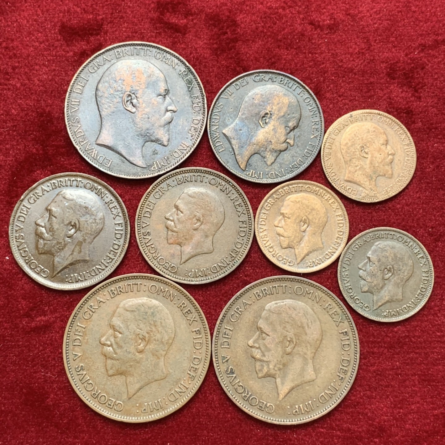 《竞宝斋》第71场-本周日，周一2场连拍（全场不限金额包邮） 原味好品 英国爱德华七世&乔治五世铜板9枚 1法新/半便士/1便士3套 细节不错