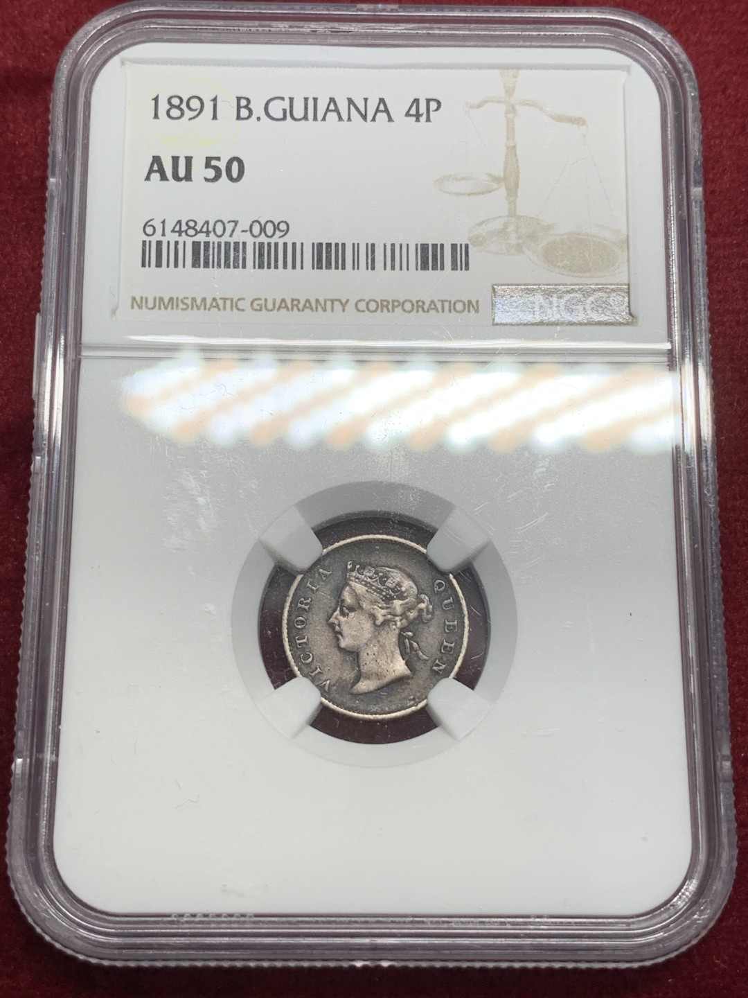 《竞宝斋》第71场-本周日，周一2场连拍（全场不限金额包邮） NGC AU50 1891年英属圭亚那和西印度4便士小银币，包浆完美黑美人发财包浆，英系里这样的包浆不多见。