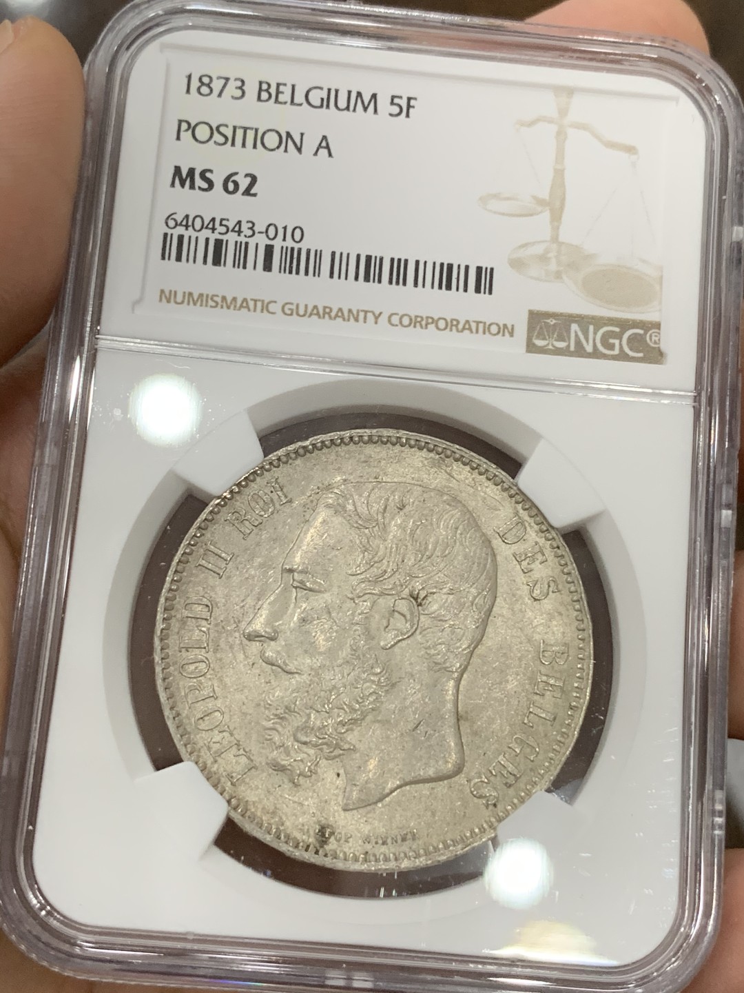 《竞宝斋》第71场-本周日，周一2场连拍（全场不限金额包邮） NGC-MS62 比利时 1873年 利奥波德二世 5法郎 原光好品大银币 一流的状态