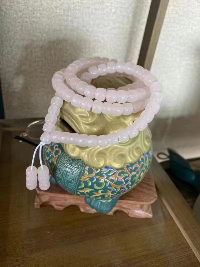 天然新疆和田玉藕粉色芙蓉粉玉手链女款佛珠毛衣链多圈手链项链