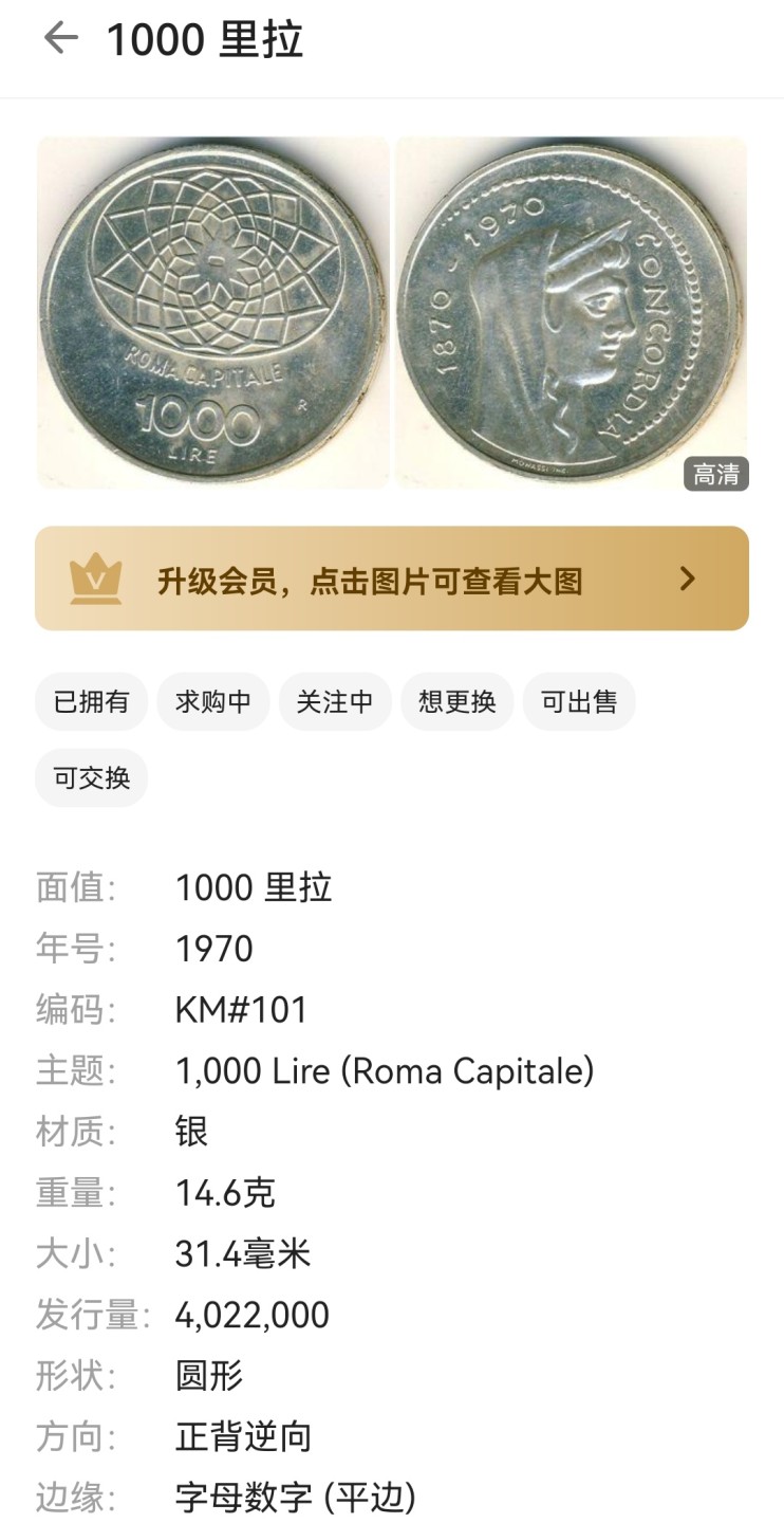 瓶子🏺第46期拍卖会 意大利1970年仿古罗马女帝建城200周年纪念银币