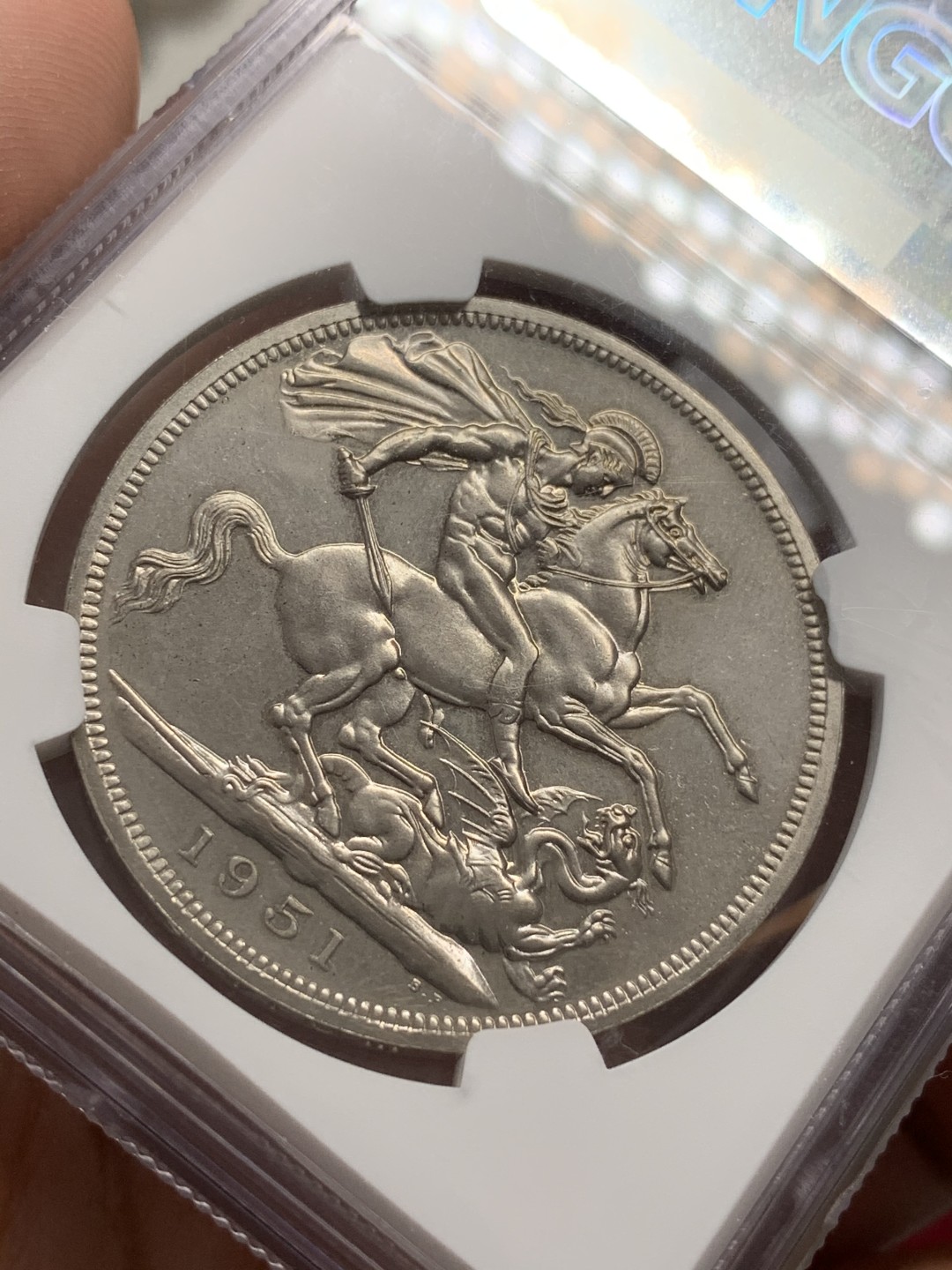 《竞宝斋》第71场-本周日，周一2场连拍（全场不限金额包邮） NGC PL64 英国 1951年 乔治六世 1克朗 镍马剑 PL不错 裸币也涨了很多