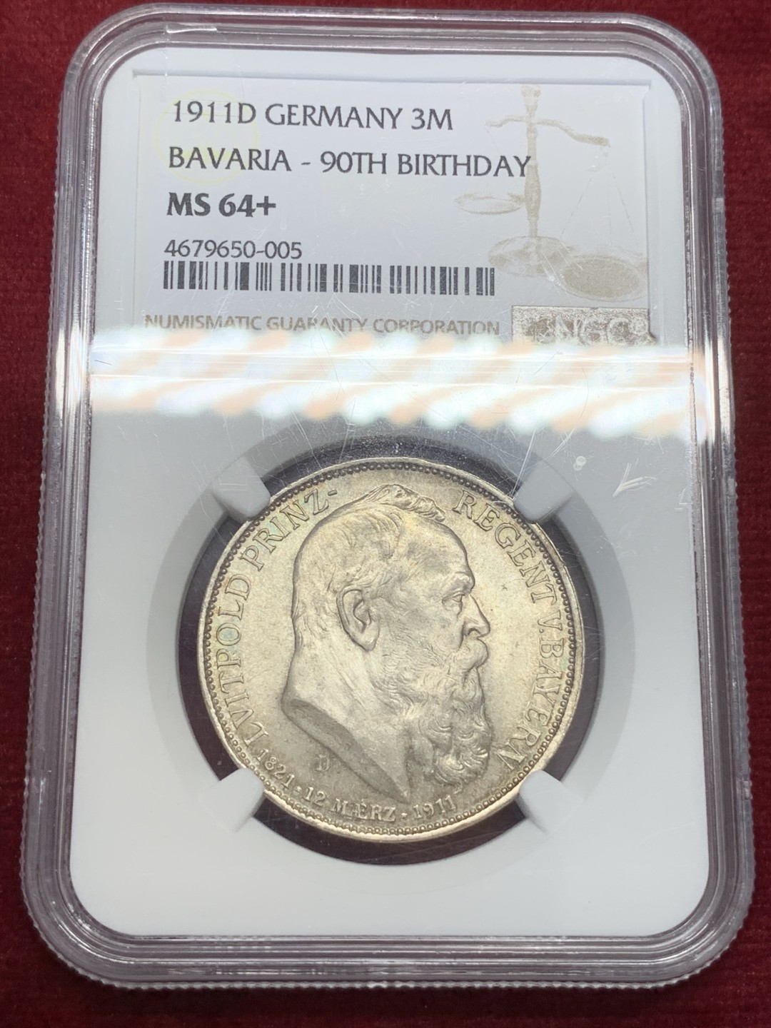《竞宝斋》第71场-本周日，周一2场连拍（全场不限金额包邮） NGC MS64+ 德国巴伐利亚 1911年 90大寿 3马克银币 双面五彩包浆 漂亮