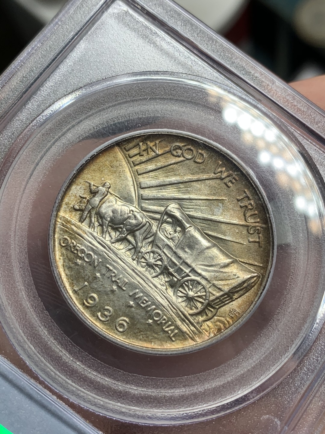 《竞宝斋》第71场-本周日，周一2场连拍（全场不限金额包邮） PCGS-MS66 美国 1936年 50美分 俄勒冈小道 银币 高分 经典设计 包浆舒服