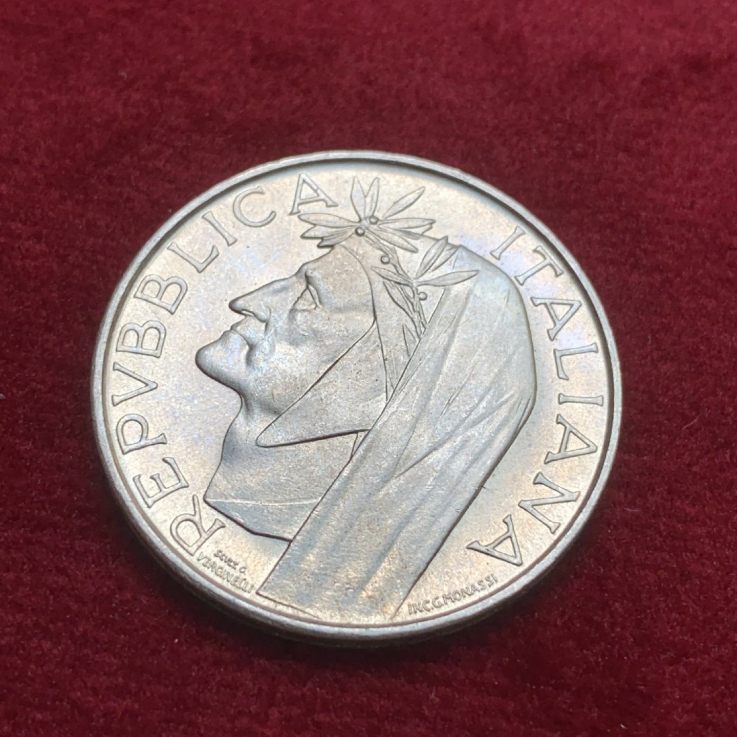 《竞宝斋》第71场-本周日，周一2场连拍（全场不限金额包邮） 意大利1965年但丁诞辰纪念500里拉银币 BU顶级品相