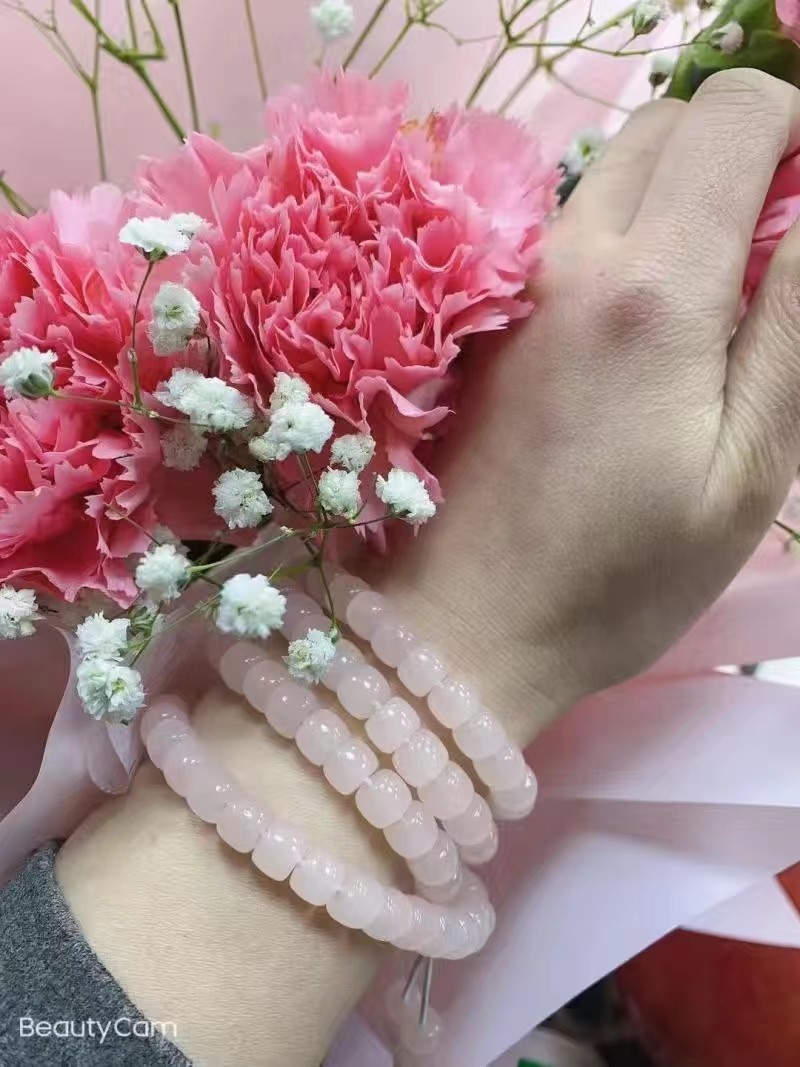 天然新疆和田玉藕粉色芙蓉粉玉手链女款佛珠毛衣链多圈手链项链