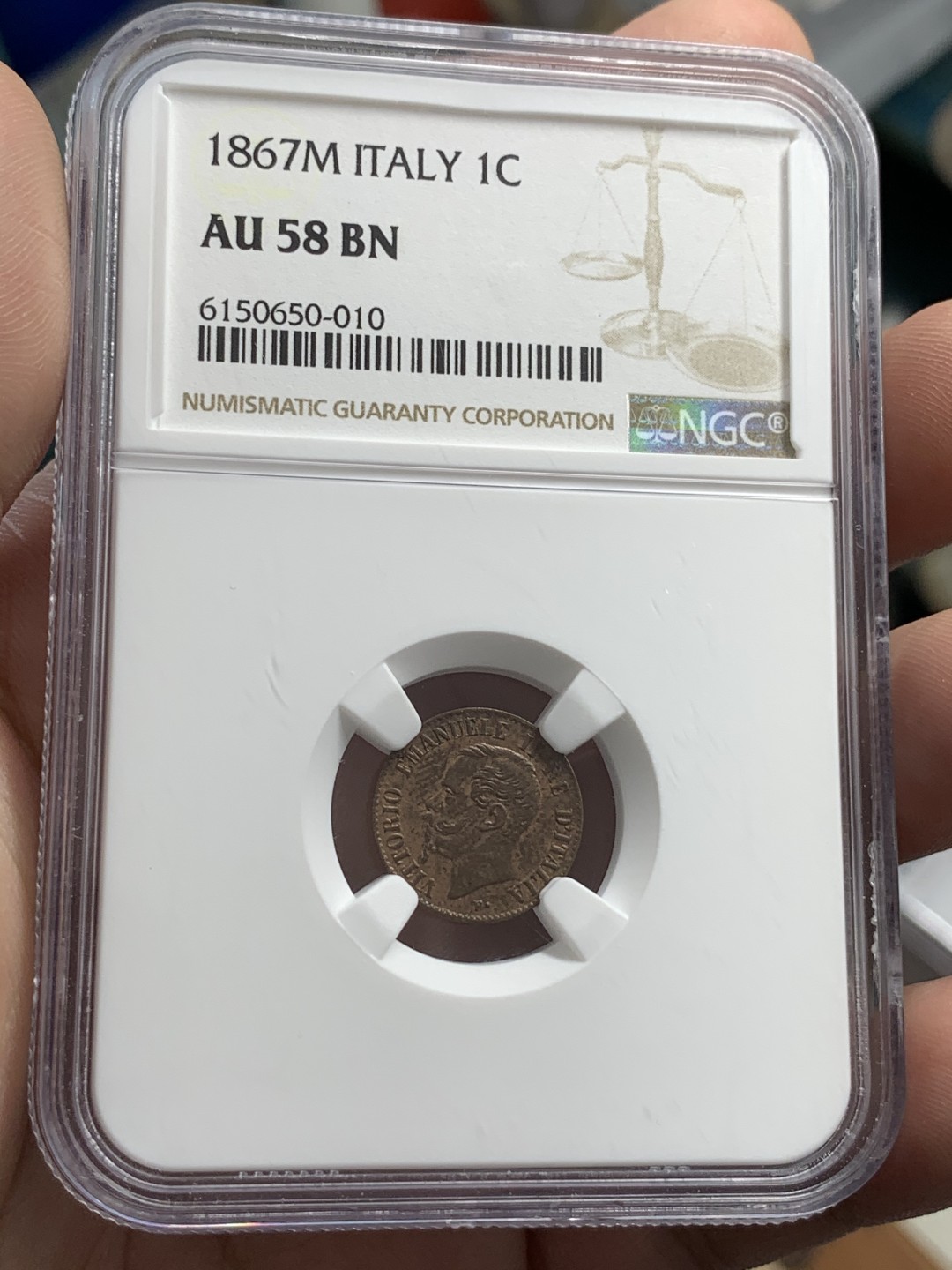 《竞宝斋》第71场-本周日，周一2场连拍（全场不限金额包邮） NGC-AU58 BN 意大利1867年艾曼努尔二世一分铜币