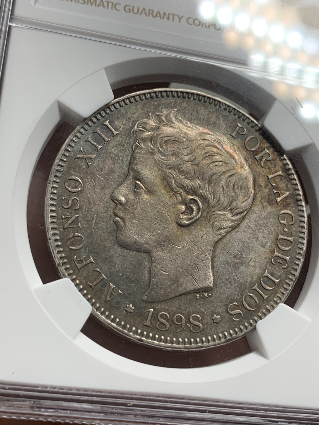 《竞宝斋》第71场-本周日，周一2场连拍（全场不限金额包邮） NGC-AU53 西班牙 1898年 5比萨塔 阿方索十三世 包浆诱人