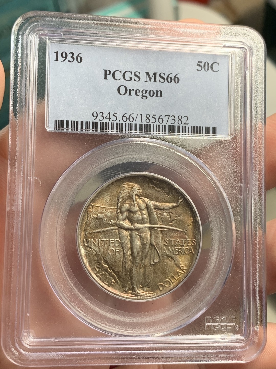 《竞宝斋》第71场-本周日，周一2场连拍（全场不限金额包邮） PCGS-MS66 美国 1936年 50美分 俄勒冈小道 银币 高分 经典设计 包浆舒服