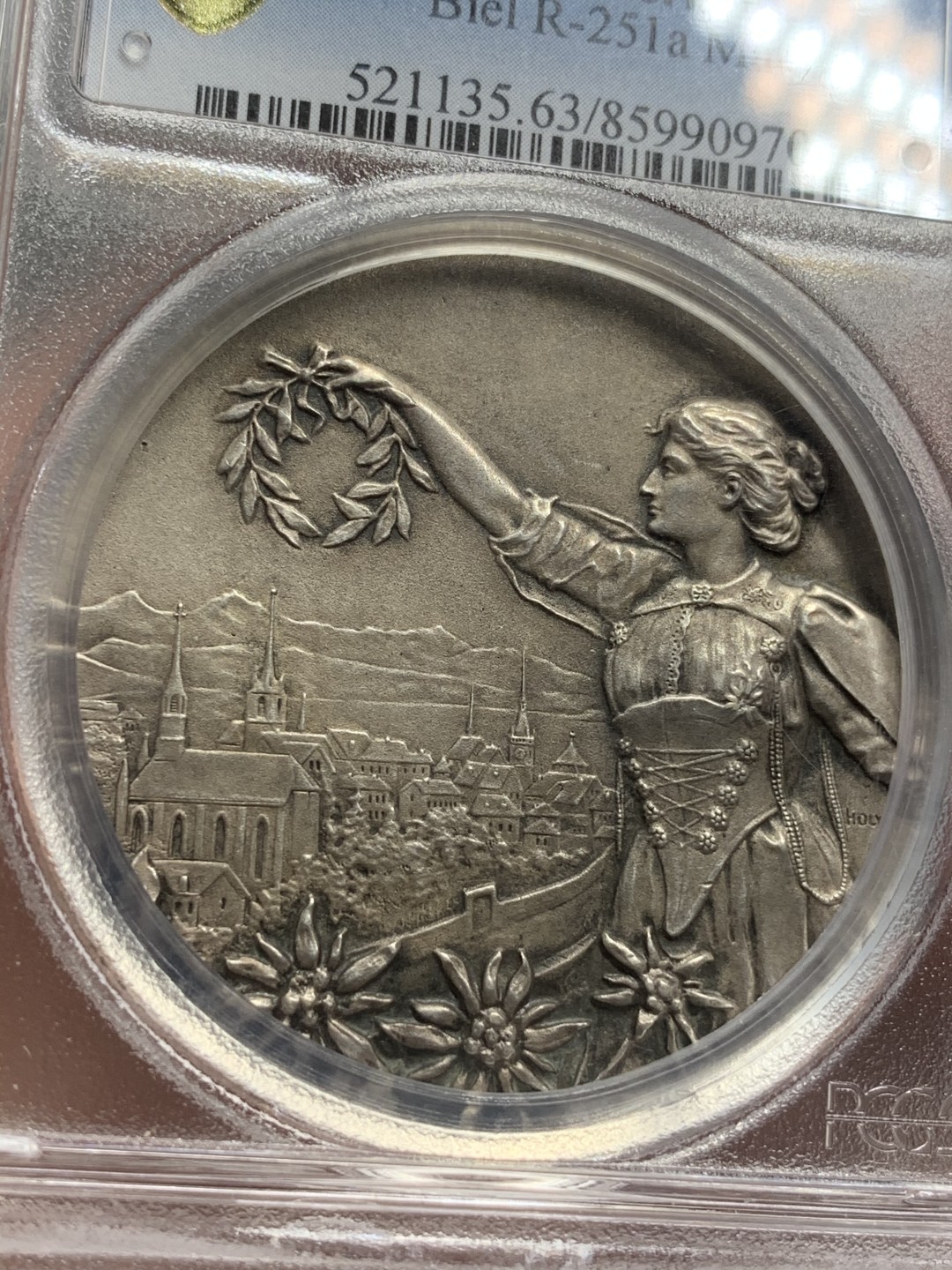 《竞宝斋》第71场-本周日，周一2场连拍（全场不限金额包邮） PCGS SP63 瑞士1903年比尔射击节女神高浮雕大银章 稀少品种 品相状态一流