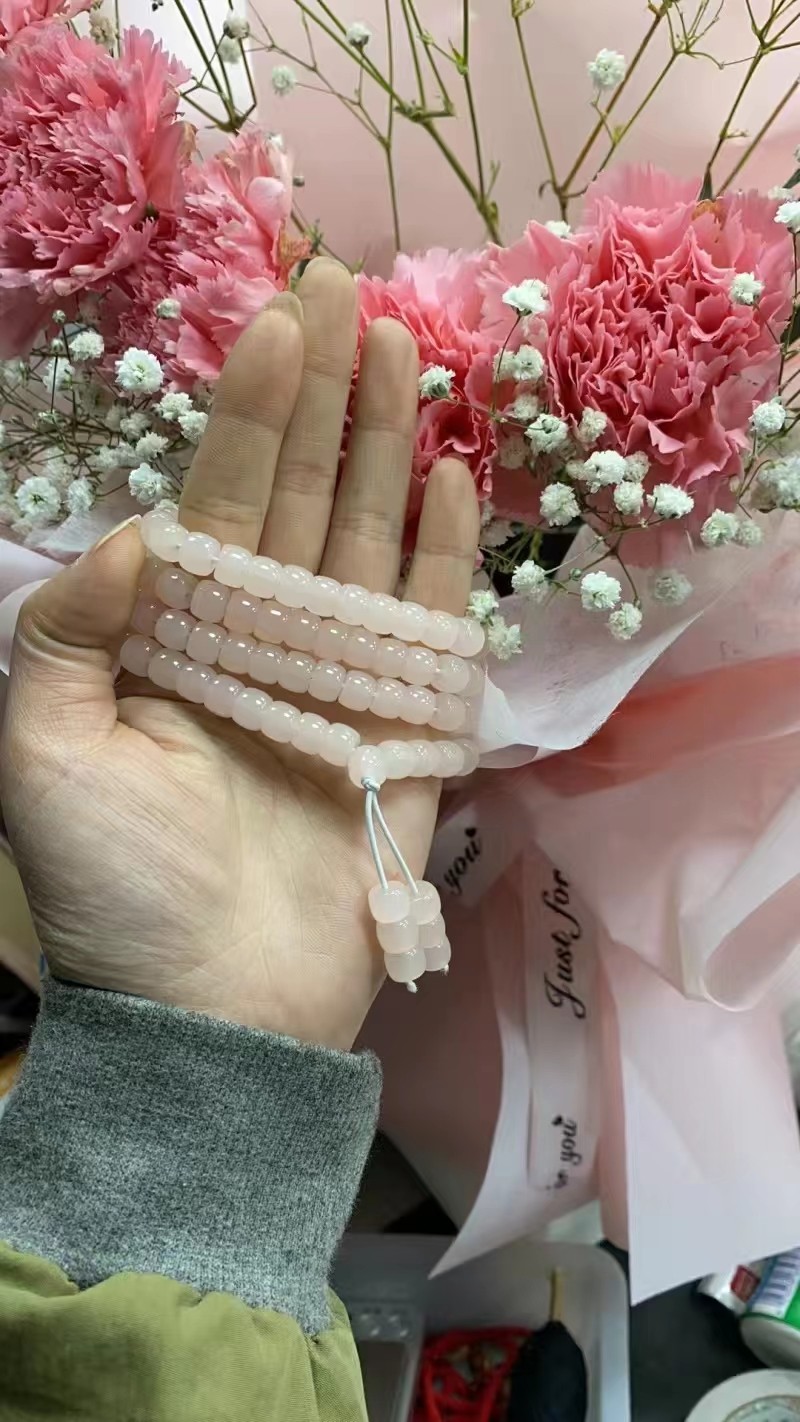 天然新疆和田玉藕粉色芙蓉粉玉手链女款佛珠毛衣链多圈手链项链