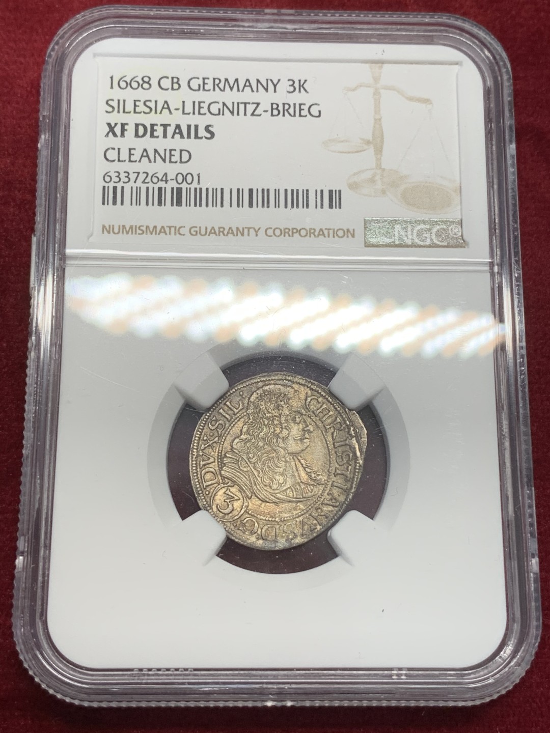 《竞宝斋》第71场-本周日，周一2场连拍（全场不限金额包邮） NGC-XF 德国西里西亚 1668年 克里斯蒂安 3K银币 老包浆又说有洗 哎