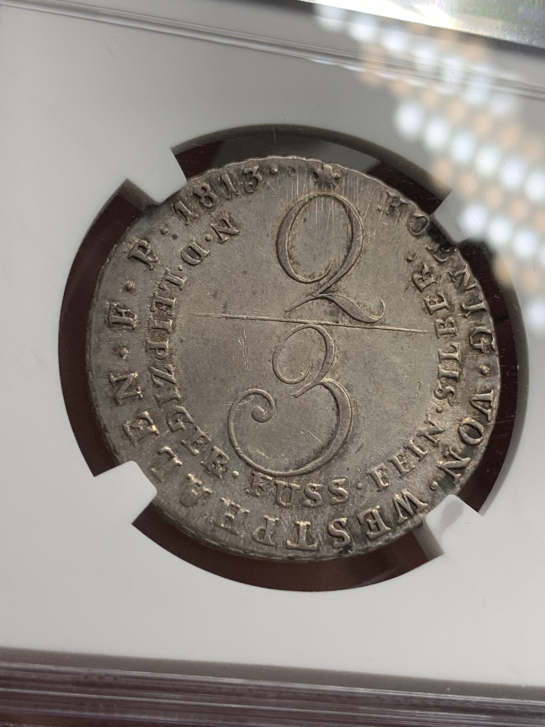 《竞宝斋》第71场-本周日，周一2场连拍（全场不限金额包邮） NGC-AU50  德国1813年 威斯特法伦 2/3泰勒银币 热罗姆·波拿巴 拿破仑最小的弟弟  少见品种，双面淡金色包浆