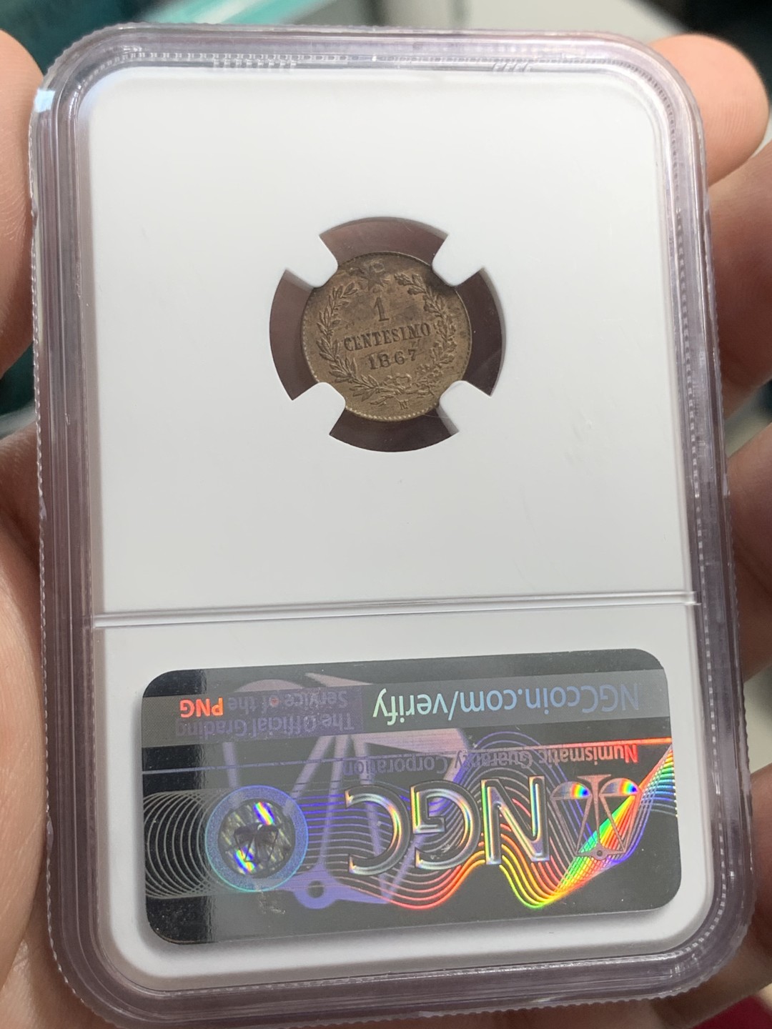 《竞宝斋》第71场-本周日，周一2场连拍（全场不限金额包邮） NGC-AU58 BN 意大利1867年艾曼努尔二世一分铜币